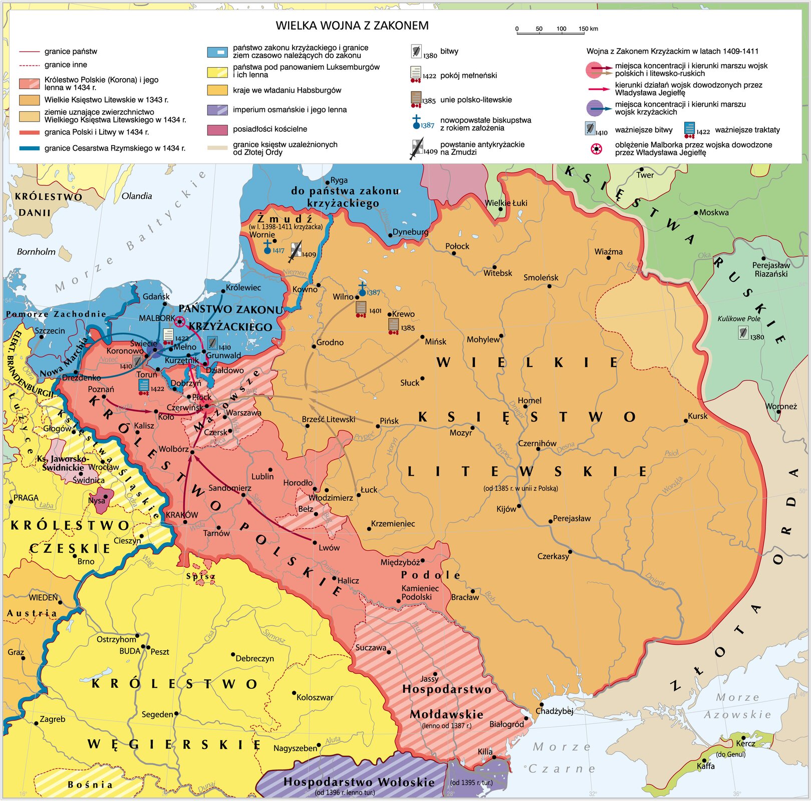 Mapa przedstawiająca państwa uczestniczące w Wielkiej Wojnie z Zakonem. Królestwo Polskie z 1434 r. obejmuje Wielkopolskę (z Poznaniem i Kaliszem), Kujawy i Ziemię Dobrzyńską, Małopolskę (z Krakowem), Lubelszczyznę (z Lublinem), Podole (z Kamieńcem Podolskim). Lenna: Mazowsze, Hospodarstwo Mołdawskie, tereny wokół Bełza. Wielkie Księstwo Litewskie w 1343 r. : Żmudź, teren dzisiejszej Litwy (Kowno, Wilno), tereny dzisiejszej Rosji, Ukrainy i Białorusi (od Chadżybeju do Kurska, Wiaźmy, Połocka, Brześcia Kujawskiego, Bracławia). Ziemie na południe od Wiaźmy uznawały zwierzchnictwo Wielkiego Księstwa Litewskiego w 1434 r. Granica Cesarstwa Rzymskiego w 1434 r.:  dzisiejsze tereny Austrii, Czech, Niemiec i Pomorza Zachodniego. Państwo Zakonu Krzyżackiego i granica ziem czasowo należących do zakonu: Pomorze Zachodnie, Pomorze Gdańskie, Warmia i Mazury, Łotwa. Państwa pod panowaniem Luksebumburgów: Królestwo Czeskie, Łużycze, Elekt. Brandenburgii, Królestwo Węgierskie. Lenna: Księstwo Śląskie, Bośnia. Kraje we władaniu Habsburgów: Austria. Hospodarstwo Wołoskie od 1396 r, lenno tureckie. Nysa należała do posiadłości kościelnych. Księstwa Ruskie były zależne od Złotej Ordy. Czerwińsk i okolice były miejscem koncentracji wojsk polsko‑litewskich. Litewskie wojsko z Wilna przeszło do Grodna na północ od Brześcia Litewskiego. Do tego miejsca także przeszły wojska z Mińska, Pińska, Łucka. A z Brześcia Litewskiego przeszły do miejsca koncentracji. Wojska Polski przeszły z Lwowa do Sandomierza, a następnie do Wolbórza, gdzie połączyły się z wojskami z Krakowa, a następnie do miejsca koncentracji. Wojska z Poznania przeszły do Koła, a następnie do miejsca koncentracji. Połączone wojska przeszły do Kurzętnik, następnie Działdowo i do Grunwaldu. Z Grunwaldu do Malborka. Miejsce koncentracji wojsk krzyżackich to Świecie, a dopływ wojsk z Gdańska, Drezdenka, Królewca. Następnie wojska poszły na Grunwald. .Bitwa pod Grunwaldem 1410, a następnie oblężenie Malborka przez wojska dowodzone przez Władysława Jagiełłę. Nowopowstałe biskupstwa z rokiem założenia: Żmudź 1417, Wilno 1387. Powstanie antykrzyżackie na Żmudzi 1409. Unie polsko‑litewskie: 1385, 1401. Pokój mełneński w 1422,, Traktat Toruński 1422. 