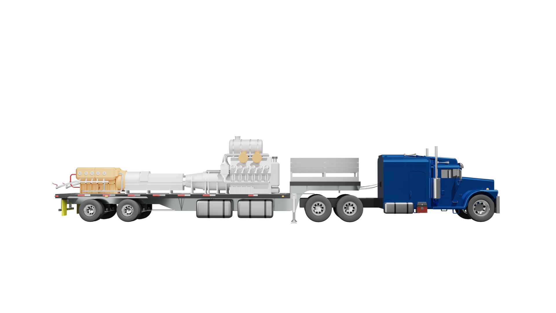 Na zdjęciu znajduje się animowana pojazd pokazują agregat pompowy na podwoziu przyczepy. Do ciągnika samochodowego przyłączona jest długa przyczepa. Na przyczepie za kabiną kierowcy znajduje się biały element przypominający silnik. Nad elementem widoczny jest cylindryczny zbiornik. Od silnika odchodzi podłużny element o kształcie białego cienkiego cylindra który łączy się z urządzeniem znajdującym się na końcu przyczepy. Urządzenie przypomina mniejszy silnik.