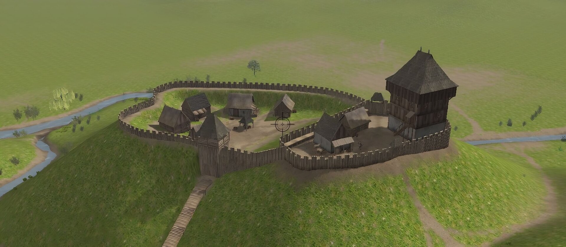 Ilustracja przedstawia model komputerowy grodziska. Na szczycie wzgórza widnieje 7 budynków. Po prawej stronie największy budynek - trzypiętrowy  ze spadzistym, wysokim dachem ze strzechy. Obok stoją dwa mniejsze, jednopiętrowe budynki. Ten kompleks trzech budynków otoczony jest drewnianym ogrodzeniem. Do tego ogrodzenia przyłączone jest drugie, większe, w którym znajdują się cztery małe budynki stojące w zagłębieniu wzgórza. Na wejściu do grodziska stoi wysoka brama ze spadzistym, strzechowym dachem. W tle zielone tereny i rzeka.