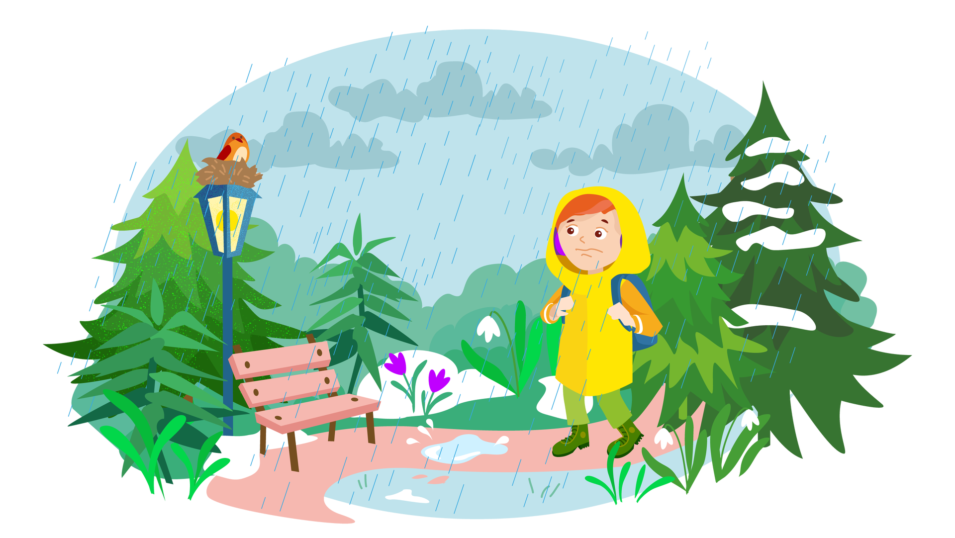 Ilustracja przedstawia leśny krajobraz. Na horyzoncie widać zarys lasu, a w tle błękitne niebo z szarymi chmurami, z których pada deszcz. Na pierwszym planie, na środku ilustracji, znajduje się ścieżka. Idzie po niej rudowłosy chłopiec. Jest ubrany w żółtą kurtkę z kapturem założonym na głowę, długie zielone spodnie i wysokie ciemnozielone buty. Na plecy ma założony granatowy plecak. Chłopiec ma posępną minę i patrzy na padający deszcz. Dookoła rośnie kilka drzew iglastych i zielona roślinność. Jedno drzewo jest częściowo ośnieżone. Śnieg leży również w kilku miejscach na ziemi. W dolnej części ilustracji z topniejącego śniegu zaczyna się tworzyć kałuża. Gdzieniegdzie widać pojedyncze przebiśniegi i krokusy, czyli kwiaty rosnące wczesną wiosną. Po lewej stronie stoi na ścieżce jasnoróżowa ławka, a za nią wysoka granatowa latarnia dająca żółte światło. Na latarni siedzi w gnieździe ptak. Ma beżowe upierzenie na brzuchu, bordowe na skrzydłach, pomarańczowe na tułowiu i ciemnopomarańczowe na głowie.