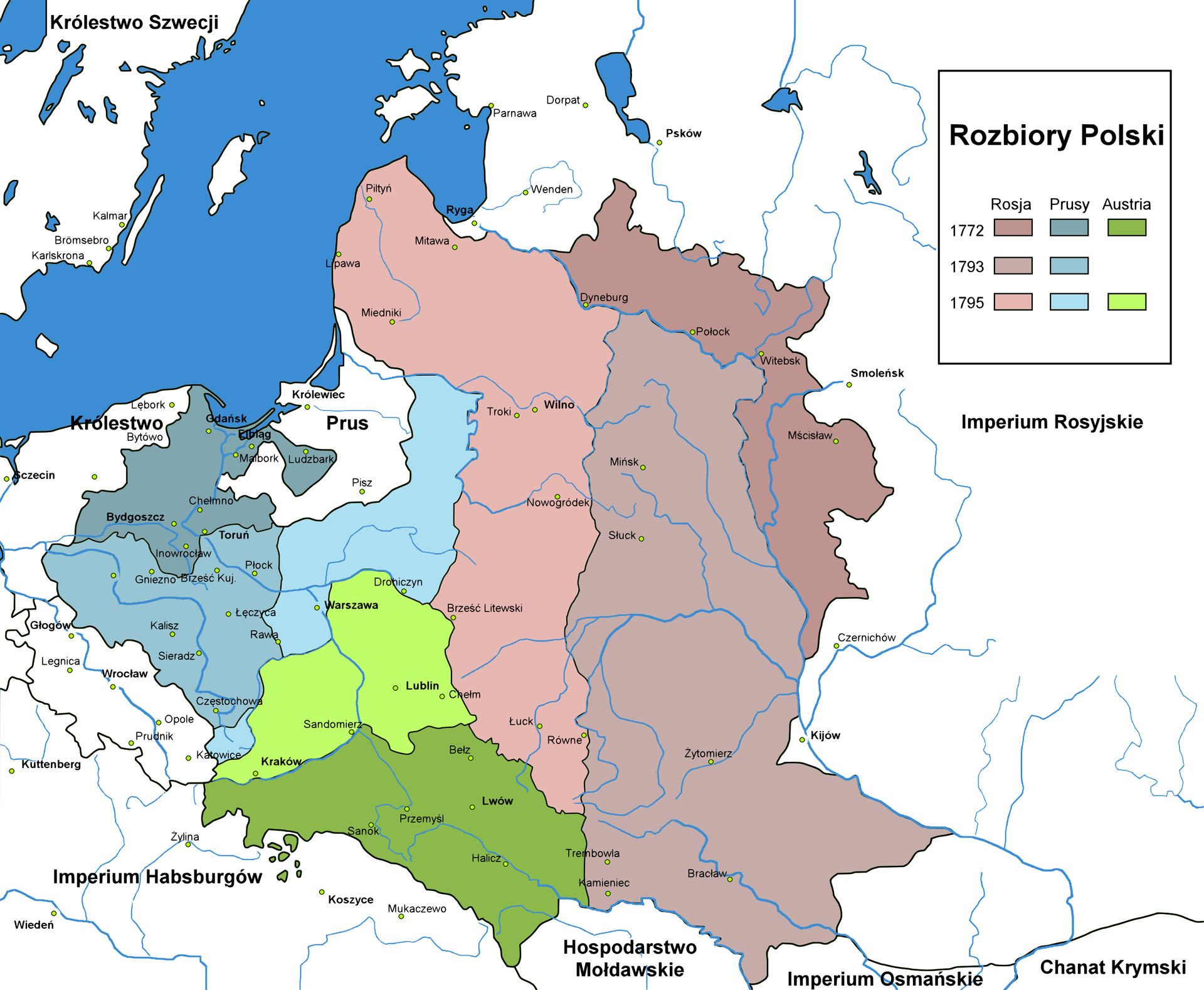 Mapa przedstawiająca tereny rozbiorów Rosji, Prus i Austrii w latach 1772, 1793, 1795 po rozbiorach Polski. Na ciemnoróżowo zaznaczono tereny Rosji po 1772 roku. Obejmują one Dyneburg, Połock, Witebsk i Mścisław oraz tereny na południe od Mścisława. Na różowo zaznaczono tereny Rosji po 1793 roku. Obejmują one Mińsk, Słuck, Żytomierz Bracław, Trembowla, Kamieniec. Na jasnoróżowo zaznaczono teren Rosji po 1795 roku. Obejmuje ono od północy miasta: Piltyń. Lipawa, Mitawa, Miedniki, Troki, Wilno, Nowogródek, Brześć Litewska, Łuck, Równe. Na ciemnoniebieski zaznaczono tereny Prus po 1772 roku. Obejmują one Gdańsk, Elbląg, Malbork, Ludzbark, Chełmno, Bydgoszcz, Toruń, Inowrocław. Na niebiesko zaznaczono tereny Prus po 1793. Obejmują one miasta Gniezno, Brześć Kujawska , Płock, Łęczyca, Kalisz, Sieradz, Częstochowa. Na jasno niebiesko zaznaczono tereny Prus po roku 1795 roku. Obejmują one miasta Rawa, Warszawa, Drohiczyn i tereny na północ od Drohiczyn. Na ciemno zielono zaznaczono tereny Austrii po 1772 roku. Obejmują one miasta: Halicz, Sanok, Przemyśl, Lwów, Bełz. Na jasno zielono zaznaczono tereny Austrii po 1795 roku. Obejmują one Kraków, Sandomierz, Lublin, Chełm i tereny na południe i wschód od Warszawy.  
