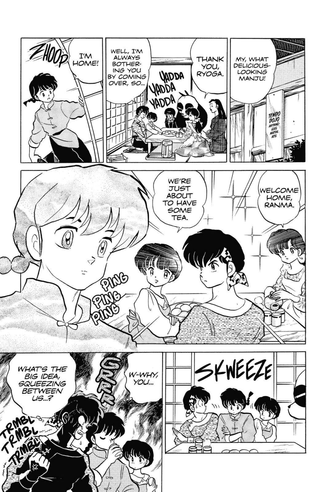 Ilustracja podzielona jest na sześć części. Ilustracja przedstawia grupę ludzi znajdujących się w pokoju. W środkowej części znajdują się dwie kobiety oraz dwóch mężczyzn. W dolnej części znajduje się trzech chłopców. Jeden z chłopców jest wściekły na pozostałe osoby. Komiks jest czarno biały. Na ilustracji znajdują się dymki z dialogami w języku angielskim.