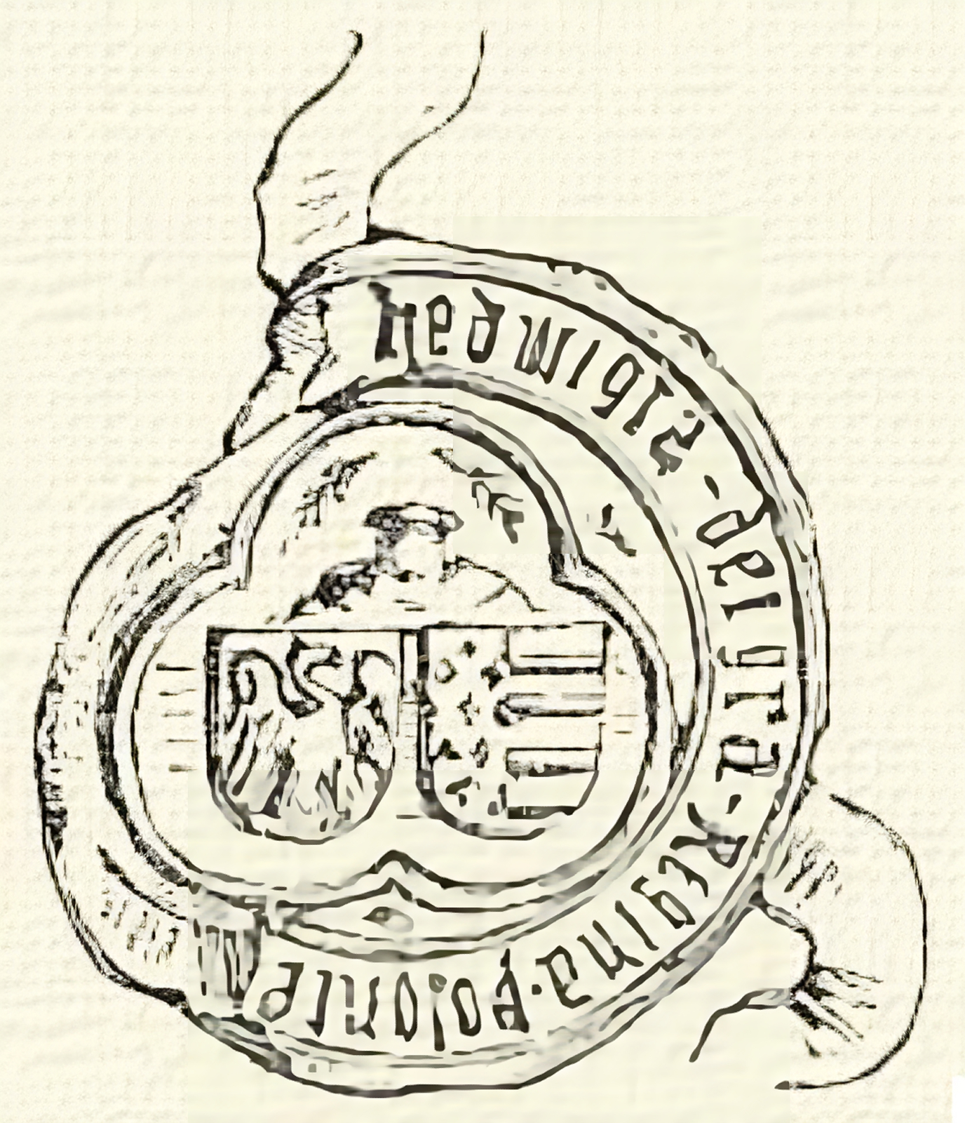 Ilustracja przedstawia podwójną pieczęć królowej Jadwigi. W jej centrum znajdują się dwa herby - herb Królestwa Polskiego (orzeł) oraz herb dynastii Andegawenów. Na dwudzielnej tarczy herbowej znajdują się po lewej stronie królewskie lilie a po prawej poziome pasy. Wokół jest nieczytelny napis, a z dwóch końców wystają sznurki.