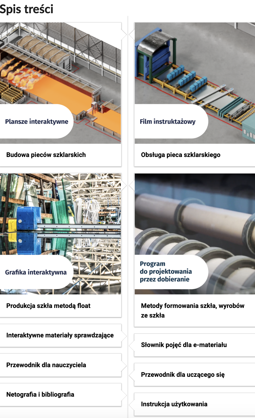 Ilustracja przedstawiająca spis treści. Na pionowej osi znajdują się po dwie ilustracje i tematy sekcji. Po lewej stronie znajduje się zdjęcie składowiska surowców i napis: Plansze interaktywne. Budowa pieców szklarskich. Po prawej stronie znajduje się zdjęcie linii produkcyjnej i napis: Film instruktażowy. Obsługa pieca szklarskiego. Poniżej grafika przedstawiającego proces produkcji tafli szkła i napis: Grafika interaktywna. Produkcja szkła metodą float. Kolejna grafika przedstawia dwie rury z obręczami i napis: Program do projektowania przez dobieranie. Metody formowania szkła, wyrobów ze szkła. Poniżej znajdują się kolejne tytuły rozdziałów lekcji: interaktywne materiały sprawdzające, przewodnik dla nauczyciela, netografia i bibliografia, słownik pojęć dla e – materiału, przewodnik dla uczącego się, instrukcja użytkowania. 