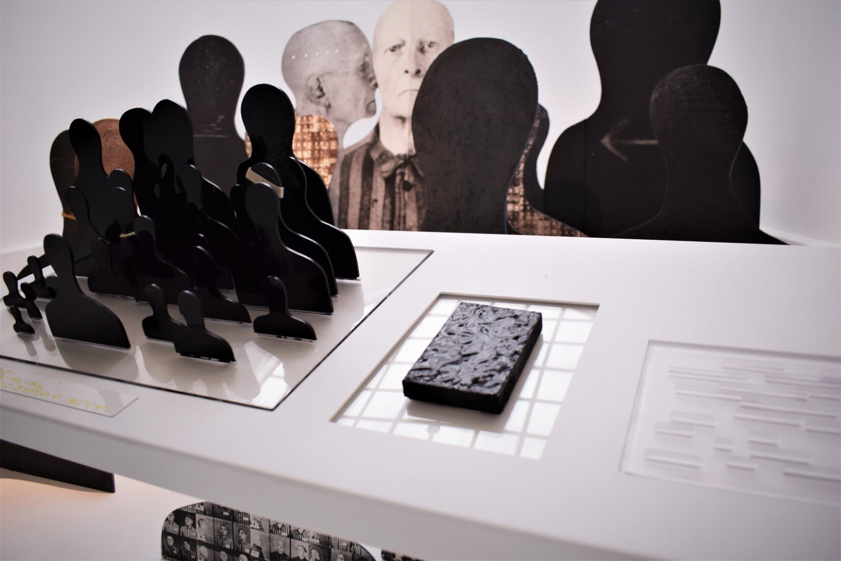 Zdjęcie przedstawia fragment ekspozycji w muzeum lub  galerii sztuki. Pierwszy plan stanowi biały stół na którym zamocowane zostały płaskie figury w kształcie korpusów człowieka. Figurki są różnej wielkości. W tle, na ścianie wyświetlono fotografie łysych mężczyzn. Pierwszy z nich stoi skierowany twarzą do obserwatora. Ubrany jest w pasiasty strój. Drugi mężczyzna odwrócony jest profilem do obserwatora. Obok nich ukazane są czarne wizerunki postaci. Pod ladą umieszczono małe zdjęcia ukazujące mężczyzn w pasiastych strojach. 