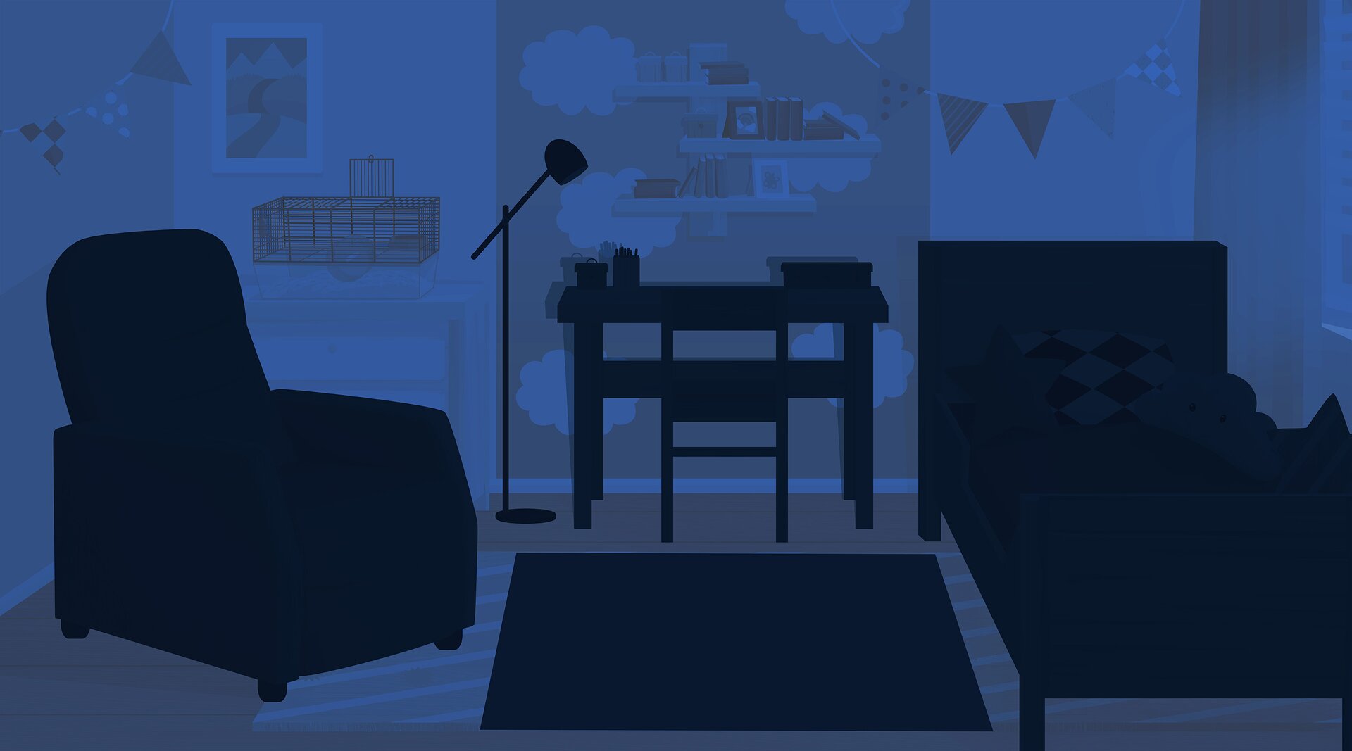 Ilustracja przedstawia pokój, w którym znajdują się od lewej strony - fotel, biurko do pracy, krzesło, łóżko. Na podłodze leży dywan.