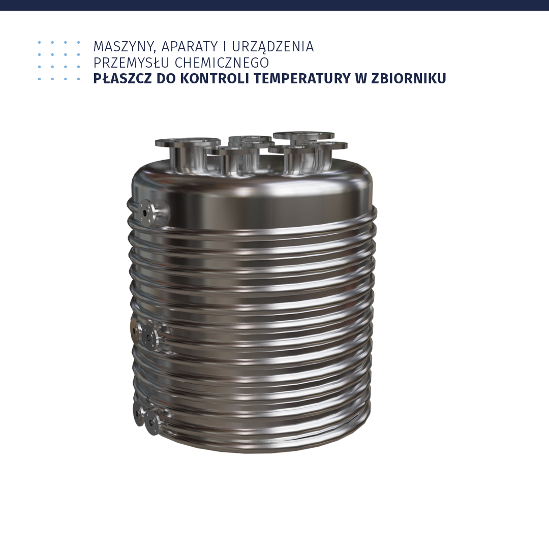 Ilustracja zatytułowana: Maszyny, aparaty i urządzenia przemysłu chemicznego. Płaszcz do kontroli temperatury w zbiorniku. Na ilustracji jest okrągły pojemnik. Przypomina gruby walec. Jego powierzchnia jest karbowana. Ma dookoła poziome fałdy.