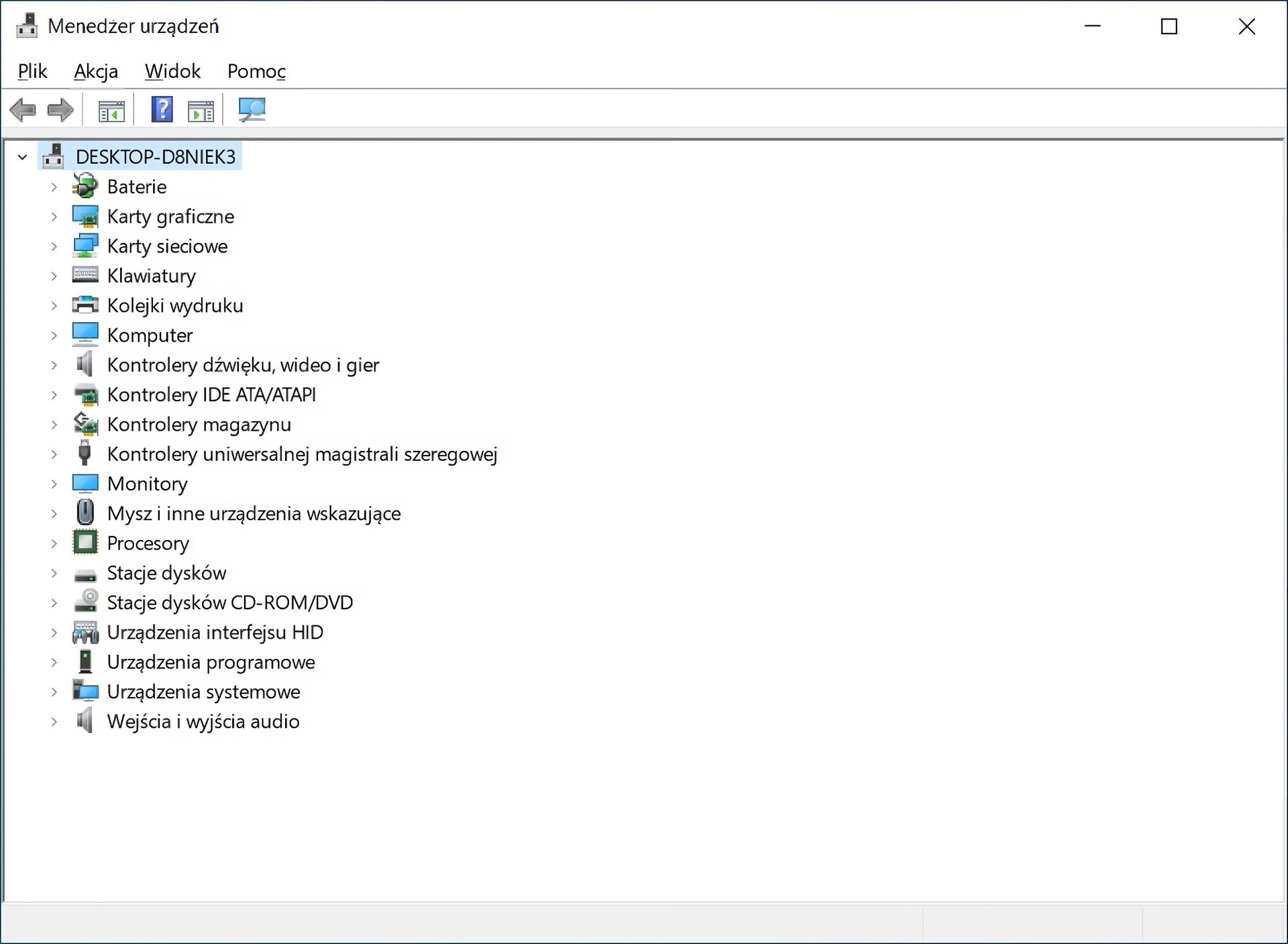 Ilustracja przedstawia okno Menedżera urządzeń systemu Windows. Rozwinięte została pozycja DESKTOP‑D8NIEK3, zawiera ona kolejne rozwijalne pozycje, od góry: Baterie, Karty graficzne, Karty sieciowe, Klawiatury, Kolejki wydruku, Komputer, Kontrolery dźwięku wideo i gier, Kontrolery IDE ATA/ATAPI, Kontrolery magazynu, Kontrolery uniwersalnej magistrali szeregowej, Monitory, Mysz i inne urządzenia wskazujące, Procesory, Stacje dysków, Stacje dysków CD‑ROM/DVD, Urządzenia interfejsu HID, Urządzenia programowe, Urządzenia systemowe, Wejścia i wyjścia audio.