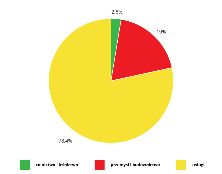 Na ilustracji diagram kołowy przedstawiający strukturę pracujących według rodzajów. Usługi – 78,4%, przemysł i budownictwo – 19%, rolnictwo i leśnictwo – 2,6%.