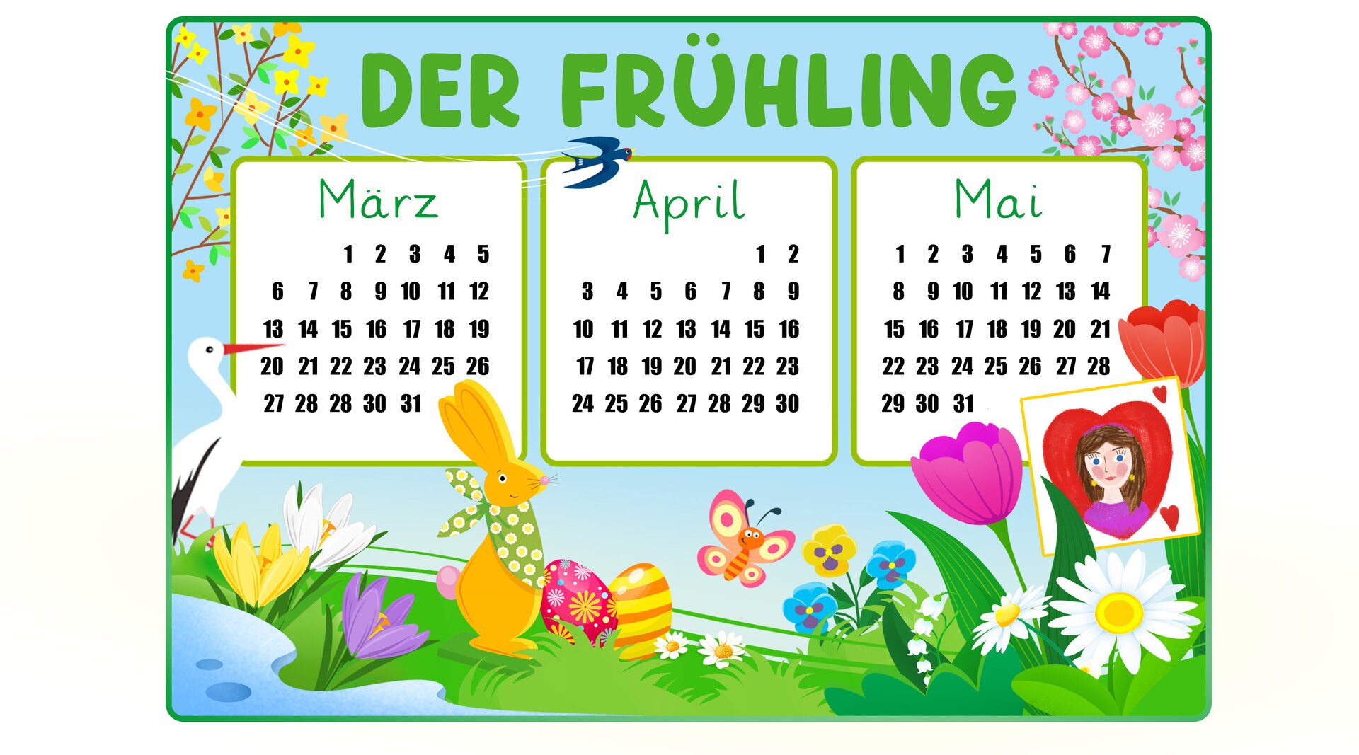 Ilustracja przedstawia kalendarz z widocznymi miesiącami marzec, kwiecień i maj. znajdują się na nim kwitnące kwiaty, bocian, zajączek wielkanocny i laurka na Dzień Matki.