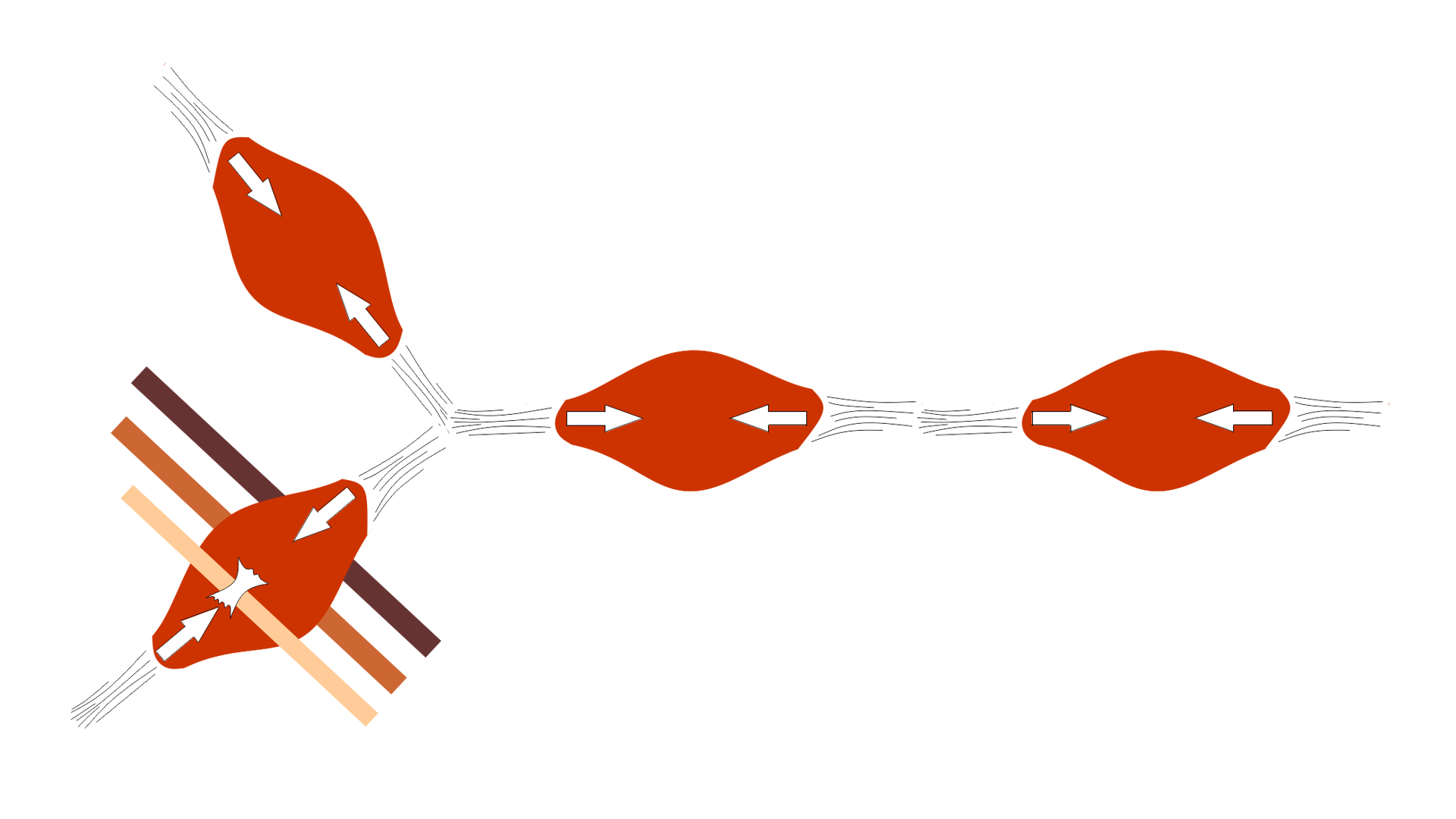 Rycina pod tytułem: Schemat układu tensegracyjnego i rozkładu napięcia. Grafika ze schematycznym przedstawieniem układu tensegracyjnego. Strzałkami zaznaczono kierunki rozkładu napięcia.