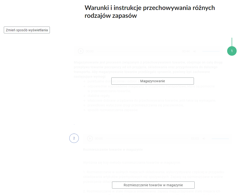 Grafika przedstawia widok na fragment pionowej osi. W górnej części nagłówek: “Warunki i instrukcje przechowywania różnych rodzajów zapasów”. Pod nagłówkiem, po lewej stronie prostokątna ramka z tekstem: “Zmień sposób wyświetlania”. Poniżej ponumerowane dwie zakładki z ukrytą treścią. Na pierwszej zakładce prostokątny przycisk: “Magazynowanie”. Na drugiej zakładce prostokątny przycisk: “Rozmieszczenie towarów w magazynie”.