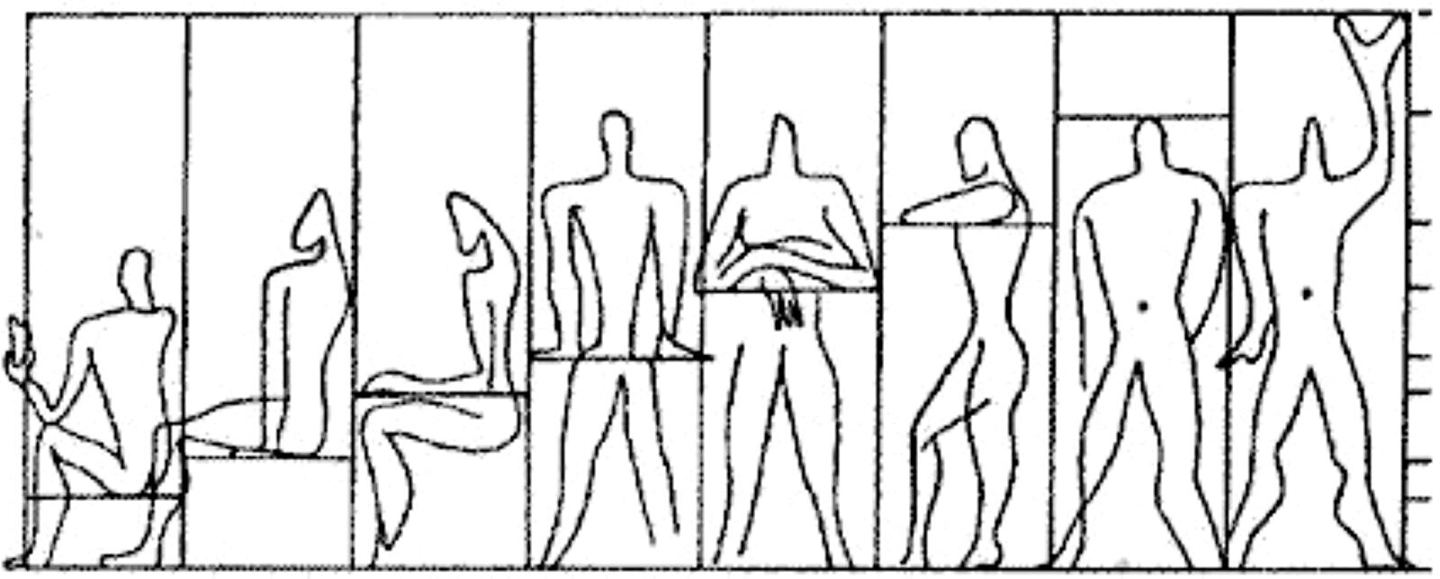 Ilustracja przedstawia rysunek Le Corbusiera, podzielony jest na osiem części, są to pomieszczenia w domu. W każdym z nich znajduje się postać, której wielkość jest dostosowana do wysokości mebli, przejść, wielkości pomieszczenia.