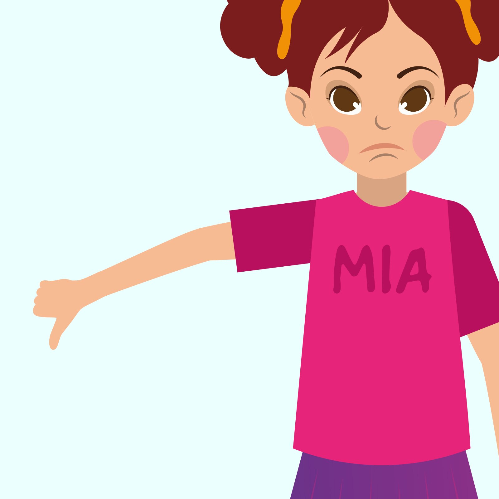 Ilustracja przedstawia dziewczynkę w różowej koszulce i fioletowej spódnice, która ma smutną minę i pokazuje kciuk w dół.