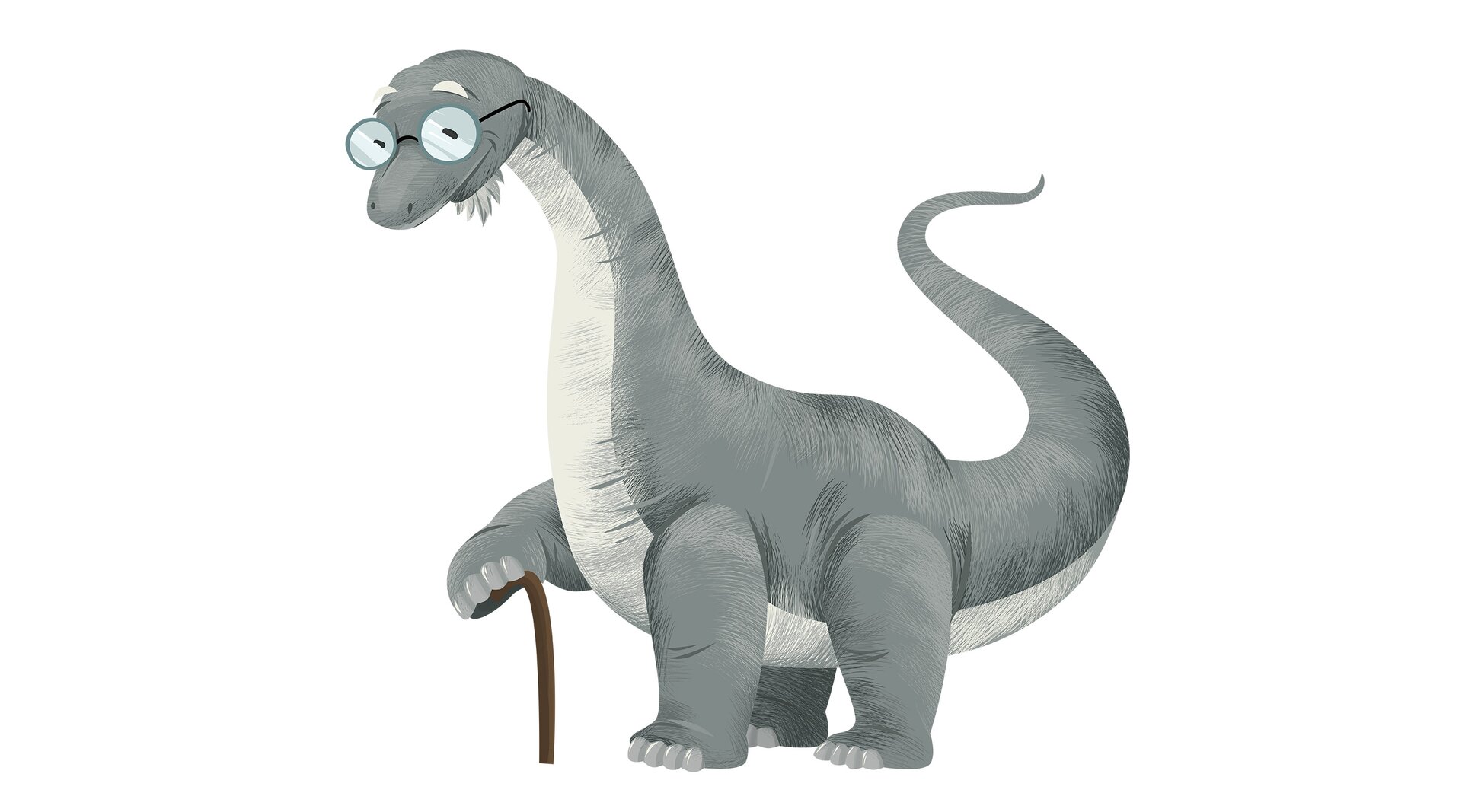Ilustracja przedstawia starego dinozaura z laską, bródką i w okularach.
