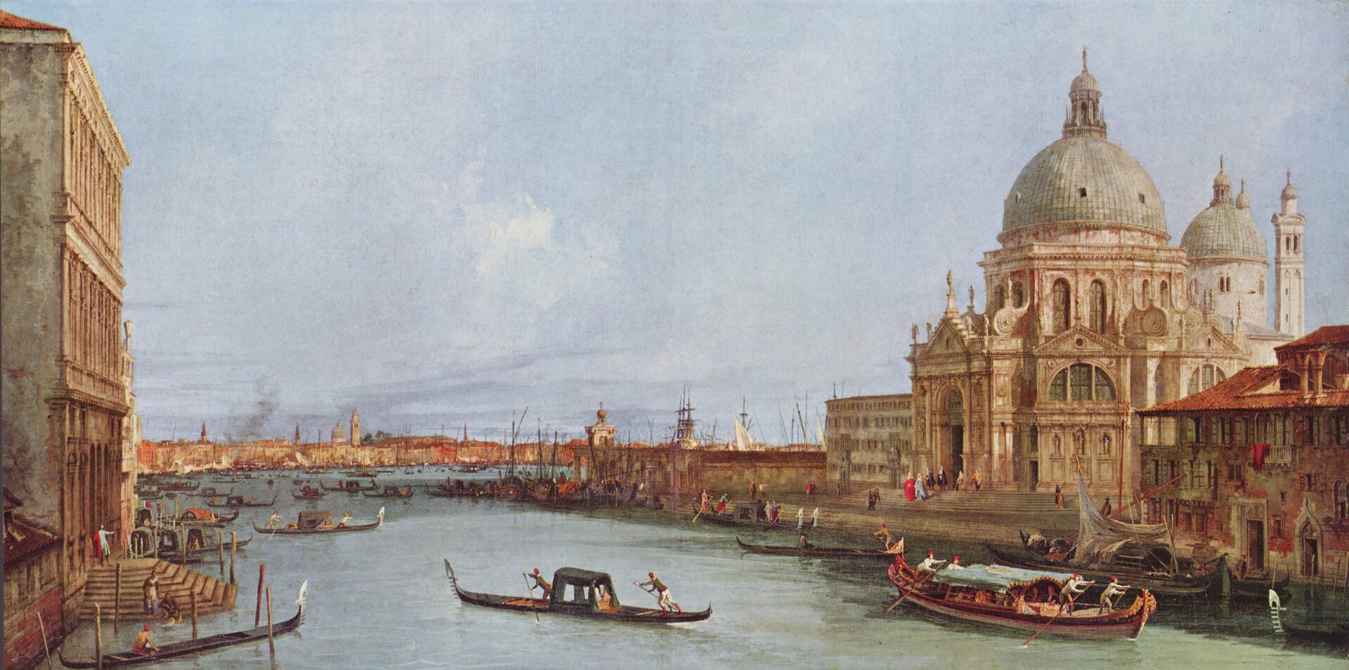 Ilustracja przedstawia obraz Canaletto pt. „Santa Maria della Salute”. Ukazuje on budowlę bazyliki Santa Marii della Salute w Wenecji. Architektura kościoła jest zdominowana przez olbrzymią kopułę nawy, wspartą na ośmiobocznym tamburze z ogromnymi wolutami oraz rzeźbami i zwieńczoną latarnią. Dominującym akcentem dolnej części elewacji jest olbrzymi portal wejściowy przywodzący na myśl łuki triumfalne. W dolnej części obrazu widać kanał Grande oraz pływające gondole.