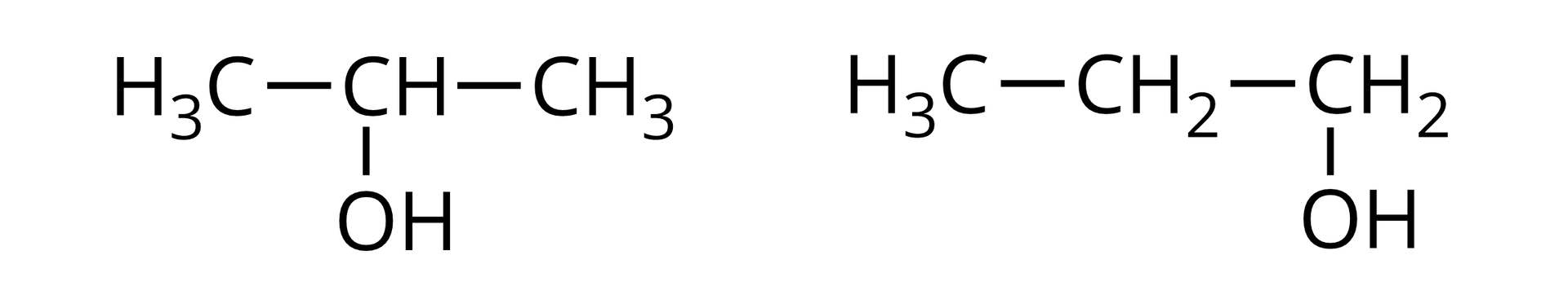 Ilustracja przedstawiająca dwie cząsteczki propan-2-ol oraz propan-1-ol. Pierwsza z nich to cząsteczka propan-2-olu zbudowana jest z grupy CH3 połączonej z grupą CH związaną z grupą hydroksylową OH oraz z grupą CH3. Druga z nich zbudowana jest z grupy CH2 połączonej z grupą hydroksylową OH oraz z kolejną grupą CH2, która to łączy się z grupą metylową CH3.