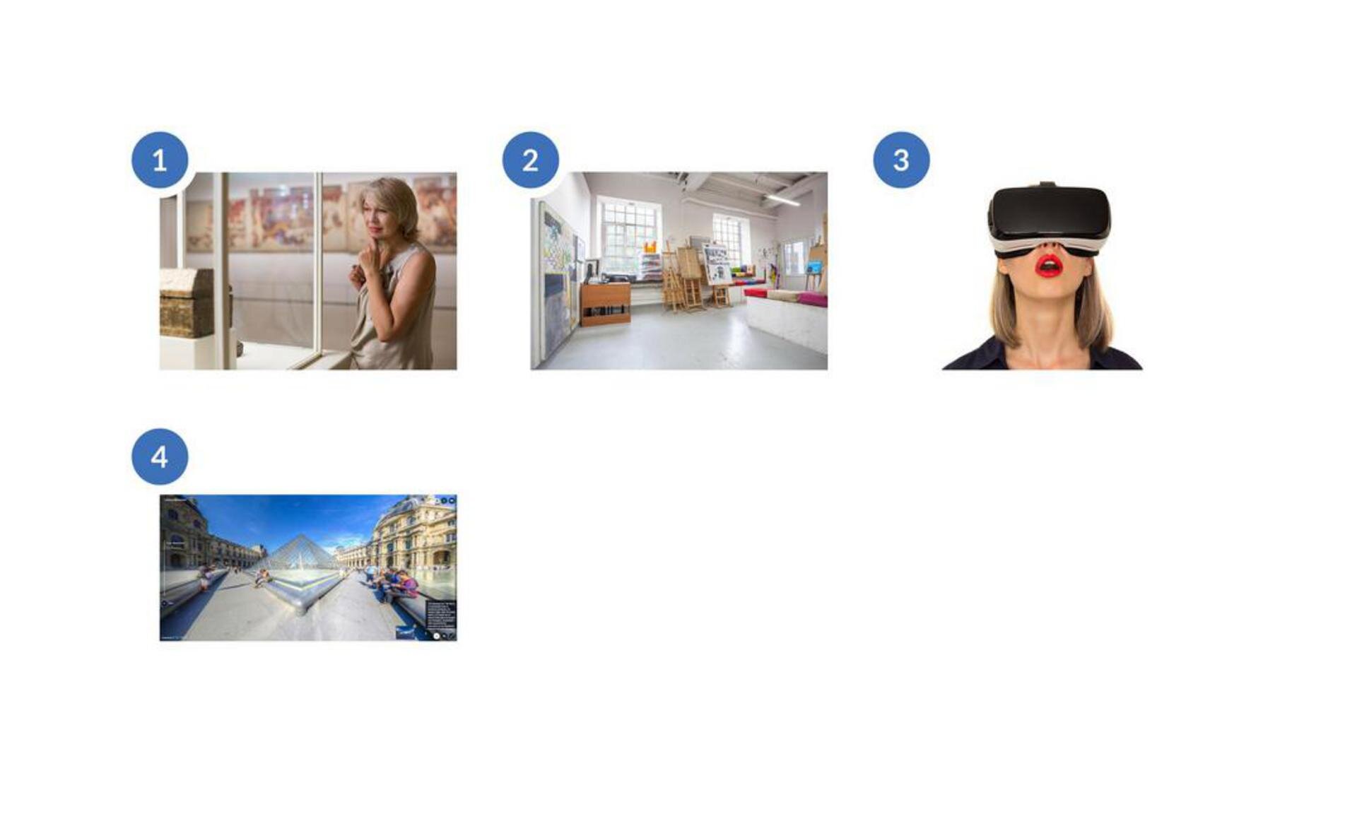 W zadaniu wykorzystano grafiki przedstawiające, od lewej strony: kobietę, która ma nałożone okulary 3D, kobietę przyglądającą się przedmiotowi w szklanej gablocie, Wirtualne muzeum Luwr, pokój malarza.