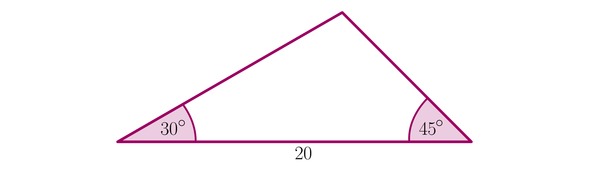 Ilustracja przedstawia trójkąt z zaznaczonymi kątami trzydziestu stopni oraz czterdziestu stopni przy podstawie trójkąta, która ma długość dwadzieścia.