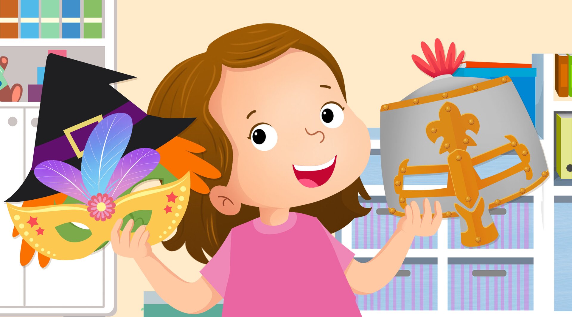 Ilustracja przedstawia dziewczynkę trzymającą karnawałowe maski wróżki, czarownicy i rycerza