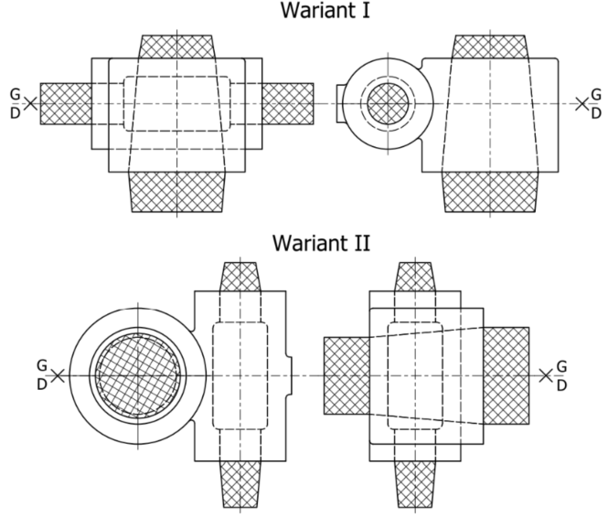 Rysunek drugi. Na ilustracji przedstawiony został szkic wariantów dla przykładowego detalu. Wariant pierwszy jest pokazany u góry, natomiast wariant drugi u dołu. 
Wariant pierwszy przedstawia dwa widoki detalu. Detal ma kształt podobny do prostokąta z dłuższą krawędzią u góry i u dołu i krótszymi krawędziami po bokach. Z prawej i lewej strony wystają prostokątne, zakreskowane elementy, natomiast z góry i z dołu wystają zakreskowane elementy w kształcie trapezów równoramiennych. Zakreskowane elementy w dwie strony są rysunkiem rdzeni odlewniczych. Widok elementu z boku przedstawia prostokąt z prawej strony oraz dwa okręgi z lewej strony przyczepione do prostokąta. Okręgi znajdują się jeden wewnątrz drugiego. Wewnętrzny okrąg ma zakreskowany środek oraz z góry i z dołu wystają zakreskowane elementy w kształcie trapezów. 

Wariant drugi również przedstawia dwa widoki elementu. Jest to ten sam detal lecz przedstawiony w innym ustawieniu. Detal w drugim wariancie jest ustawiony krótszymi bokami prostokąta w górę  i dół, a krótszymi na boki. Przez to zakreskowane elementu wystające z detalu mają inny kształt oraz przechodzą przez inne otwory. Z lewej strony detal jest tak ustawiony, że widoczne są dwa duże okręgi, okrąg wewnątrz jest zakreskowany. Natomiast po prawej stronie znajduję się prostokąt z witającymi pod i nad elementami w kształcie trapezów. 