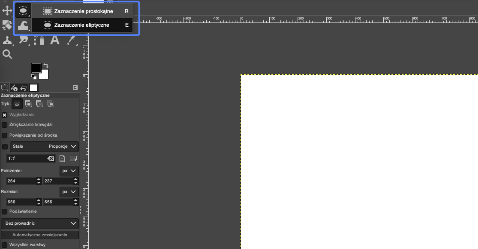 Ilustracja przedstawia okno programu. Wybrano narzędzie: Zaznaczenie eliptyczne. Po prawej stronie okna widoczny biały obszar - nowy dokument.  