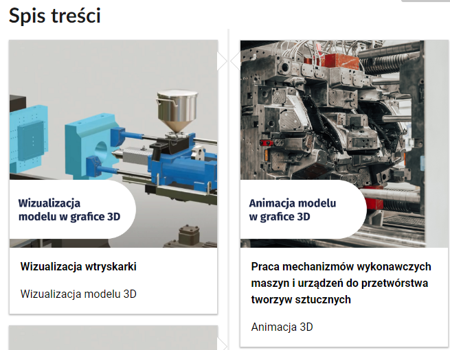 Grafika przedstawia wygląd spisu treści e‑zasobu. Wizualizacja wtryskarki. Wizualizacja modelu 3D. Praca mechanizmów wykonawczych maszyn i urządzeń do przetwórstwa tworzyw sztucznych. Animacja 3D. Przy każdym z tematów znajduje się grafika.