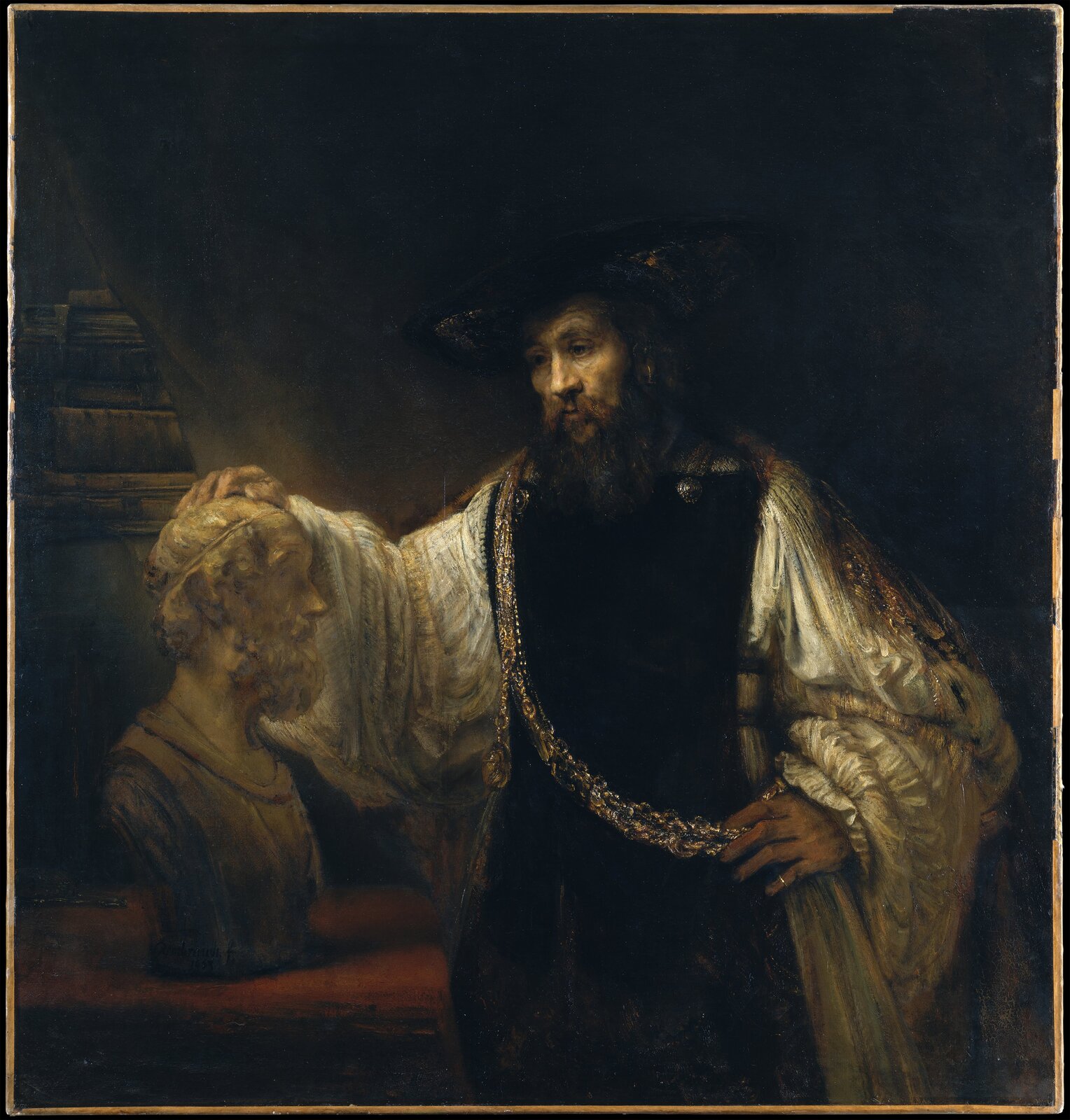Obraz przedstawia starszego, brodatego mężczyznę stojącego obok marmurowego popiersia Homera. Mężczyzna trzyma prawą dłoń na głowie poety. Jest ubrany w obszerną szatę, przez ramię ma przewieszony ozdobny łańcuch. Mężczyzna jest zamyślony.