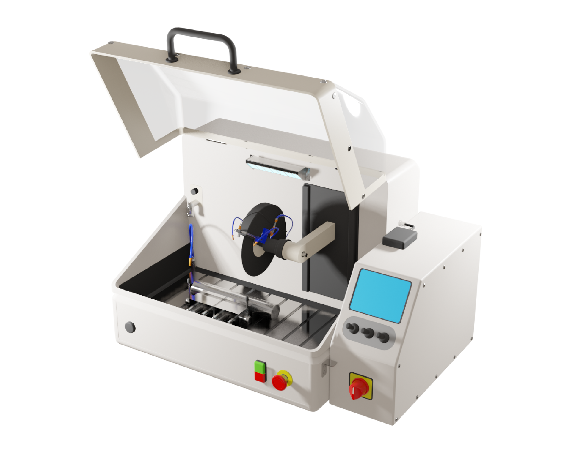 Wewnątrz metalowego pudła z przeźroczystą klapą znajduje się na okrągłe ostrze umocowane na ruchomej rączce. Pod ostrzem jest płyta z zamocowaną na niej próbką. Po prawej stronie pudła połączone z nim jest mniejsze wąskie pudło z ukośnie ściętym jednym rogiem, na którym znajduje się ekran. Pod ekranem są trzy pokrętła, a poniżej duże czerwone pokrętło.