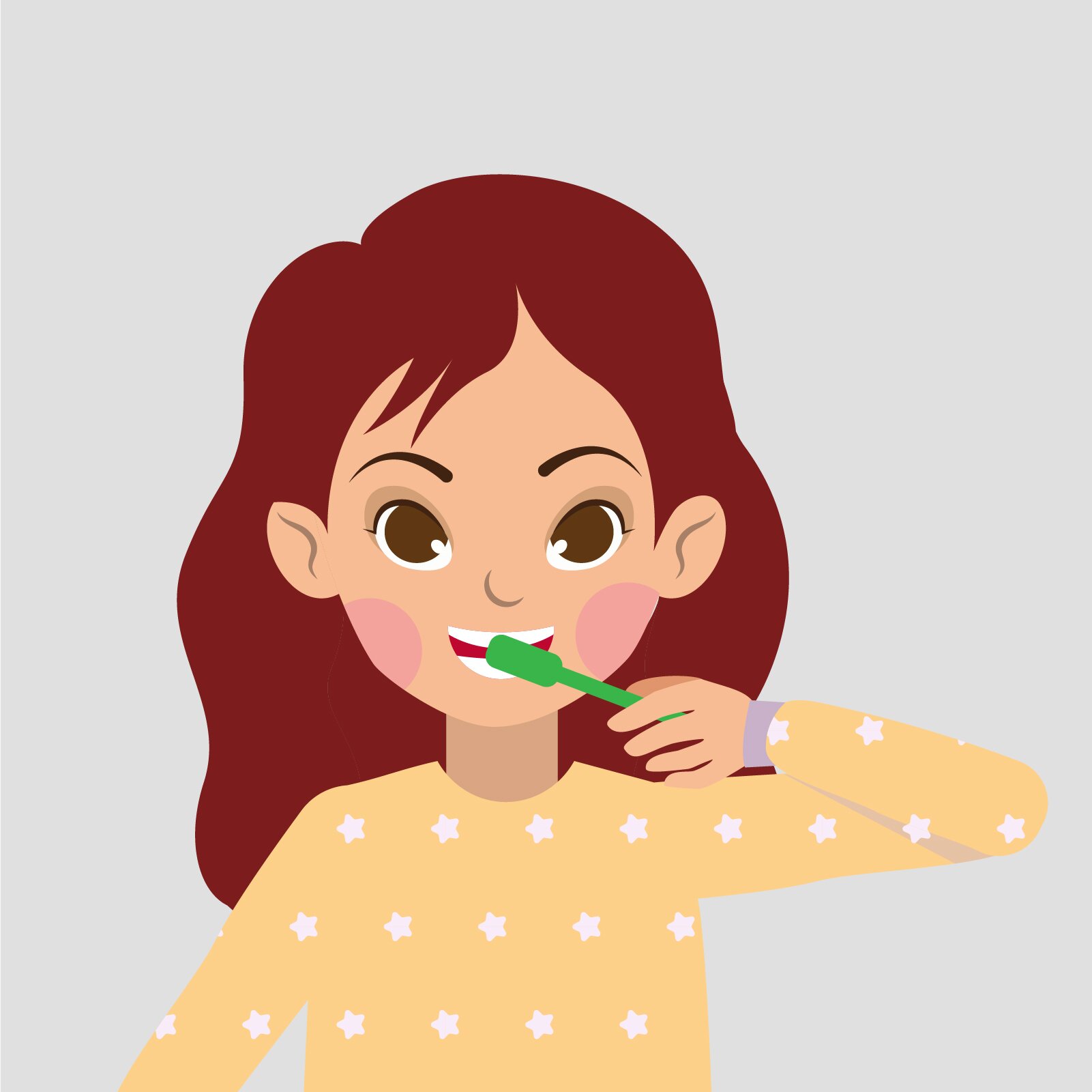 Ilustracja przedstawia Mię myjącą zęby. Mia ubrana jest w pidżamę. 