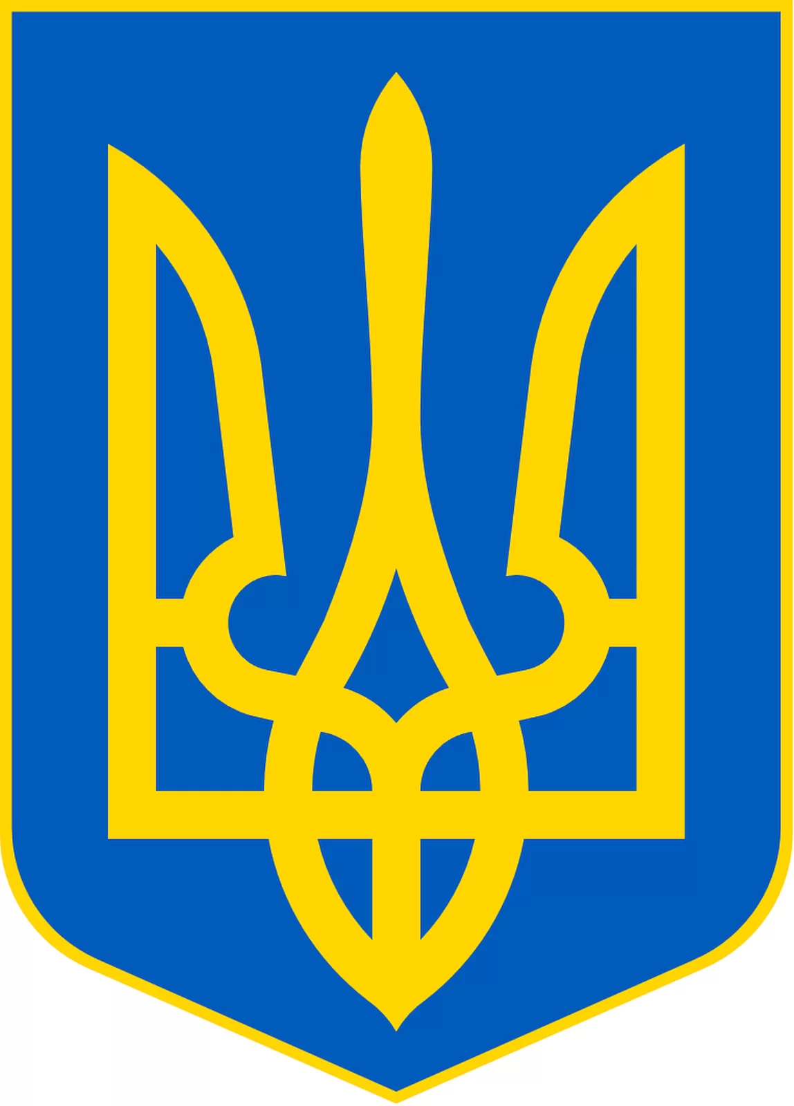 Ilustracja przedstawia herb Ukrainy. Symbol składa się ze złotego trójzębu na niebieskiej tarczy. 
