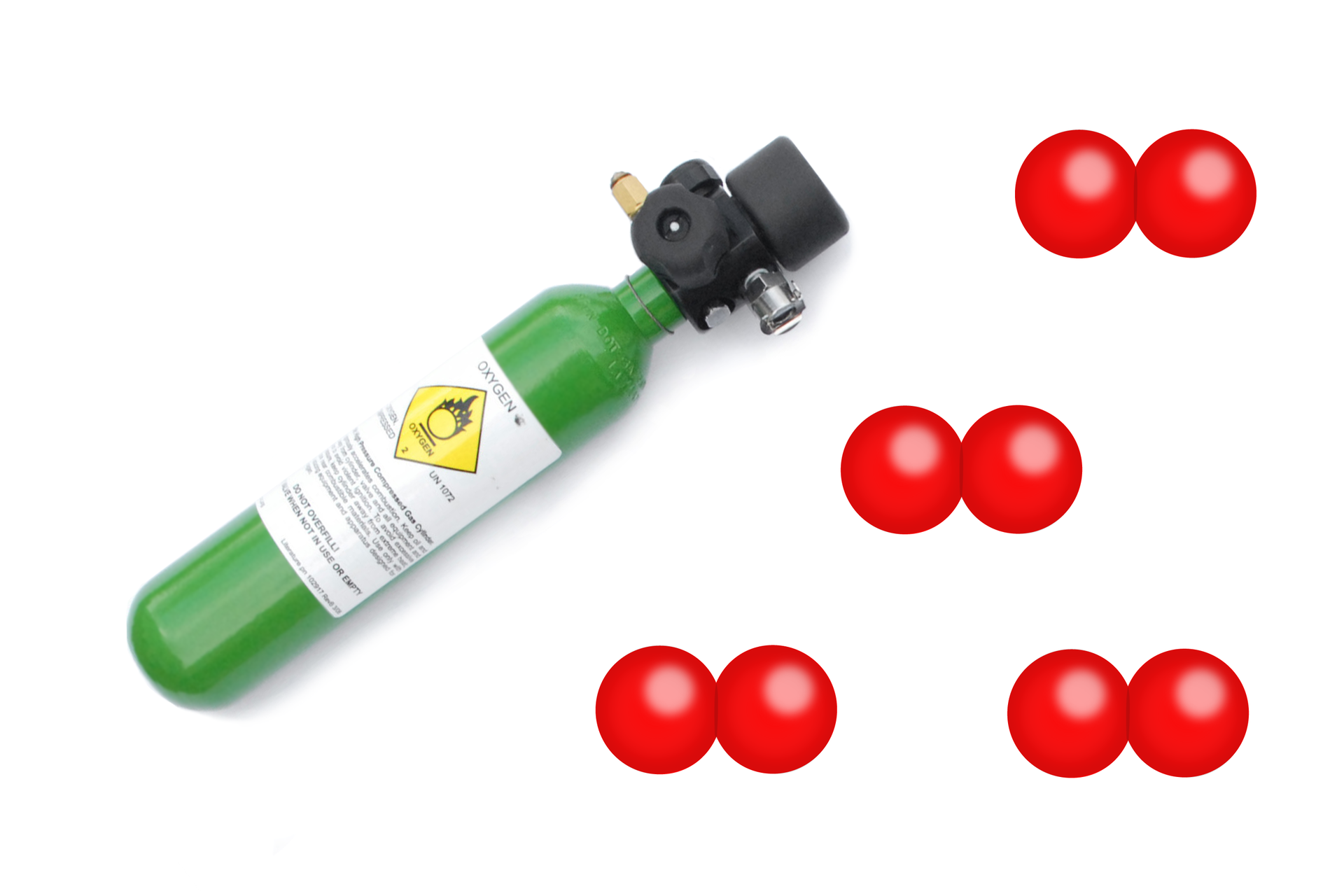 Trzecia ilustracja przedstawia butlę z tlenem oraz model cząsteczki tlenu. Tworzą go dwie czerwone kulki połączone ze sobą.