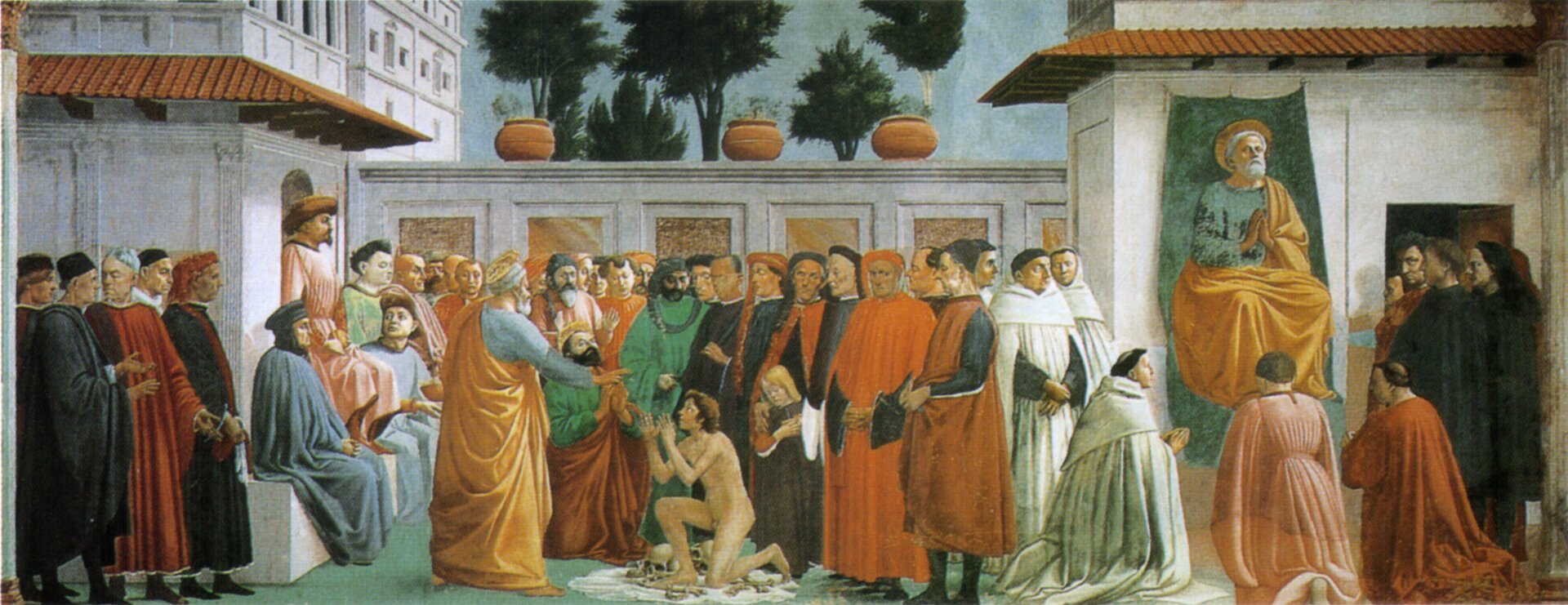 Ilustracja przedstawia obraz Masaccio i Filippino Lippi „Wskrzeszenie syna Teofila i kazanie świętego Piotra w świątyni”. Na obrazie znajduje się święty Piotr, który głosi kazanie. Dookoła niego znajduje się wielu wiernych. Wszyscy ubrani są w długie szaty. Część z nich ma okrycie głowy. Przed świętym Piotrem klęczy nagi mężczyzna, do którego święty Piotr wystawia dłoń. Za postaciami znajdują się budynki świątyni.