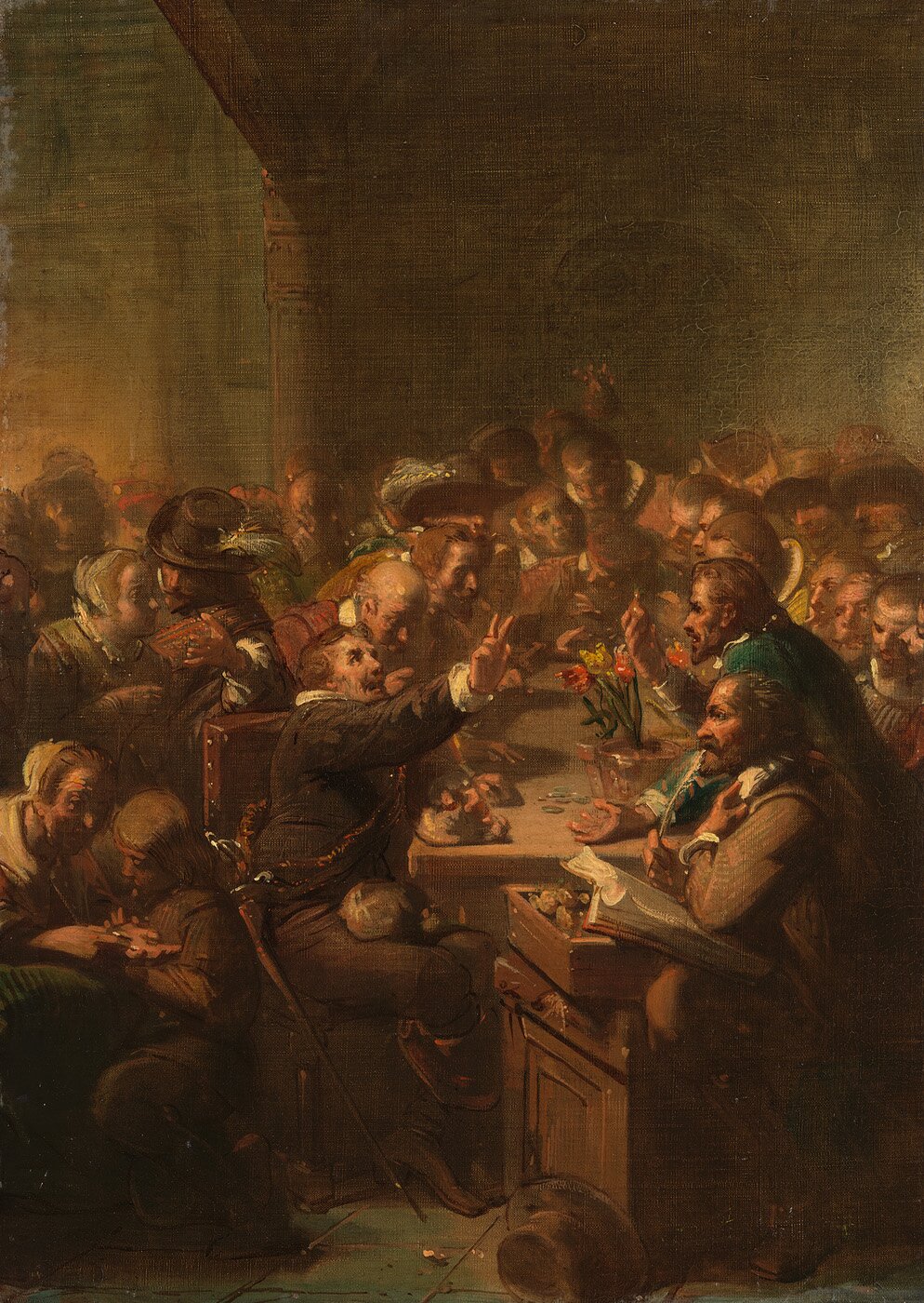 Obraz przedstawia siedemnastowieczną giełdę tulipanów. Wokół stołu, na którym stoją doniczki z tulipanami,  siedzą i stoją mężczyźni, którzy  licytują tulipany.