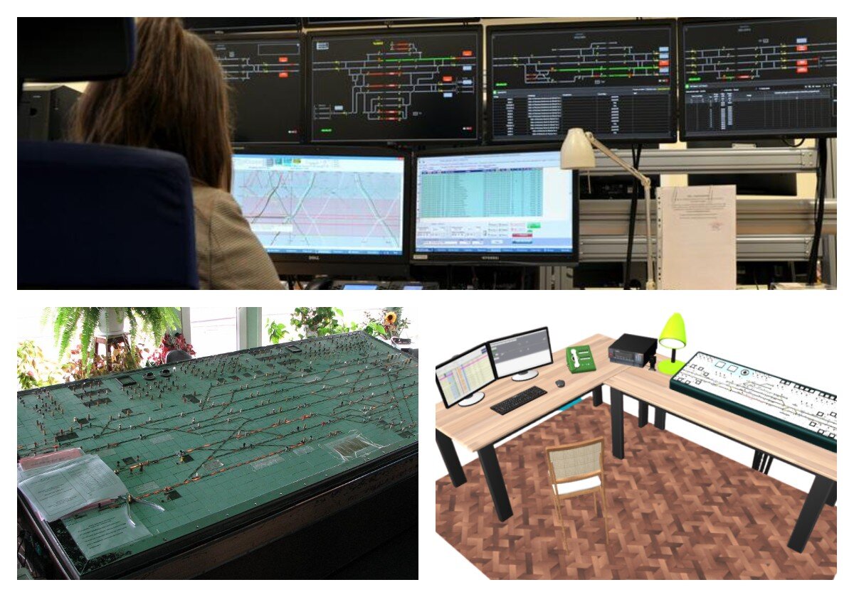 Kolaż przedstawia 3 ilustracje. Ilustracja na górze przedstawia monitory, które pełnią funkcję elektronicznego pulpitu nastawczego. Z lewej strony na dole przedstawiony jest analogowy pulpit nastawczy, natomiast z prawej strony przedstawione jest stanowisko dyżurnego LCS, gdzie widoczny jest zarówno analogowy jak i elektroniczny pulpit nastawczy.