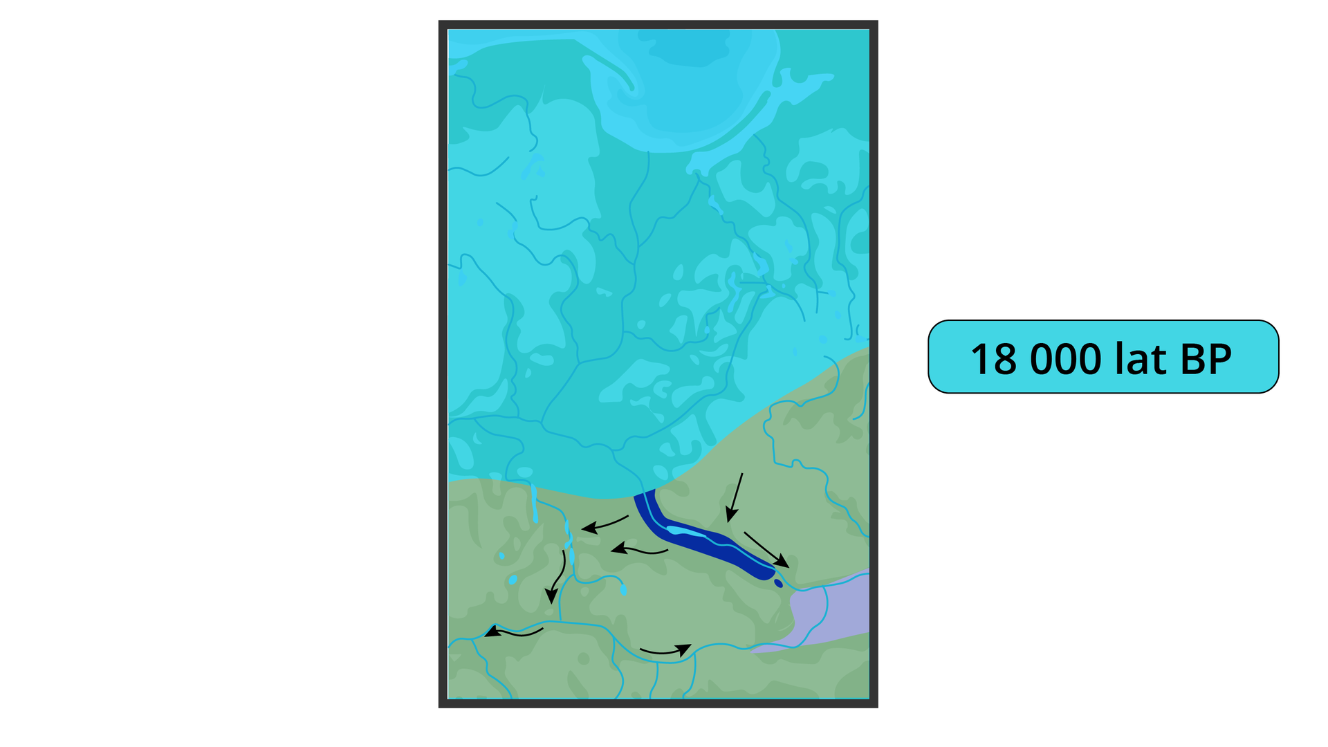 Na mapie Polski obejmującej północną część wzdłuż Wisły zaznaczono deglacjację obszaru kraju 18 000 lat BP). Lodowiec powoli się cofa. Na południu obszaru strzałkami skierowanymi w dół, w lewo i w prawo zaznaczono odpływ wód polodowcowych. Ciemnoniebieskim kolorem zaznaczono pas wzdłuż linii Wisły.  