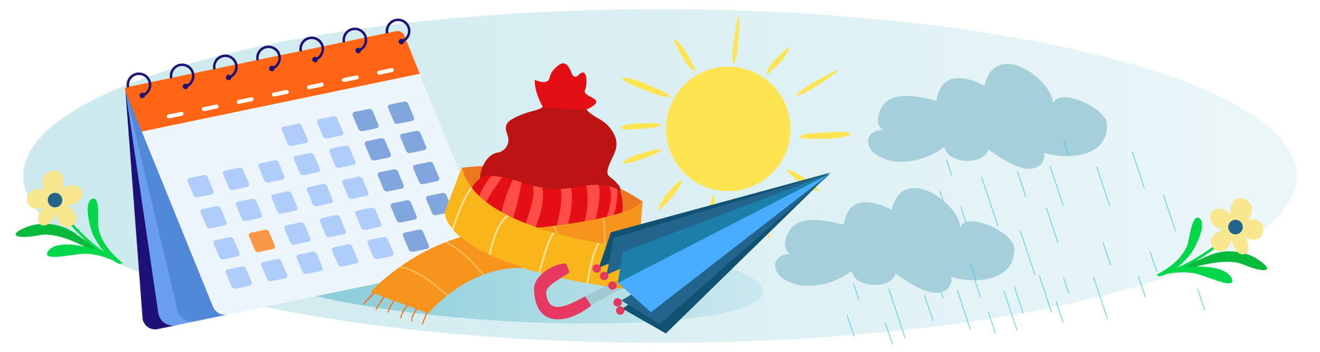Ilustracja przedstawia kilka przedmiotów na tle błękitnego nieba. Po lewej stronie jest jasnożółty kwiatek. Dalej znajduje się czerwono‑niebieski kalendarz biurkowy, czerwona czapka z pomponem, pomarańczowy szalik i złożony niebiesko‑granatowy parasol z ciemnoróżową rączką. Na środku ilustracji świeci słońce, a po prawej stronie są dwie szare chmury, z których pada deszcz. Obok jest drugi żółty kwiatek.