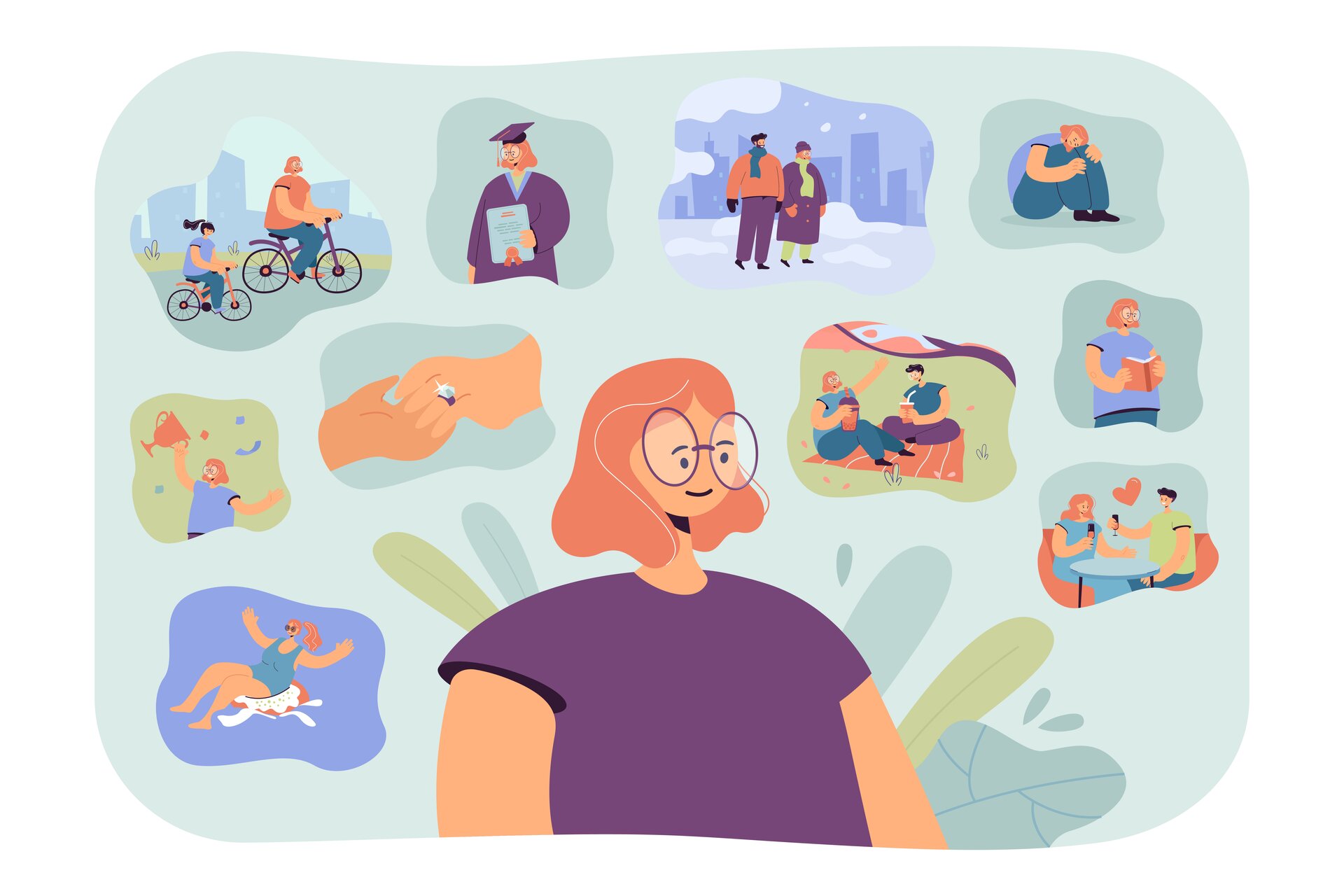 Grafika w stylizowany sposób przedstawia młodą kobietę w wielkich okularach, wokół której widoczne są dymki z różnymi scenami. Widoczne są na przykład: zaręczyny, odebranie dyplomu, romantyczna kolacja we dwoje, przejażdżka rowerowa, spacer w zimie, wygranie zawodów i otrzymanie pucharu, czytanie książki.
