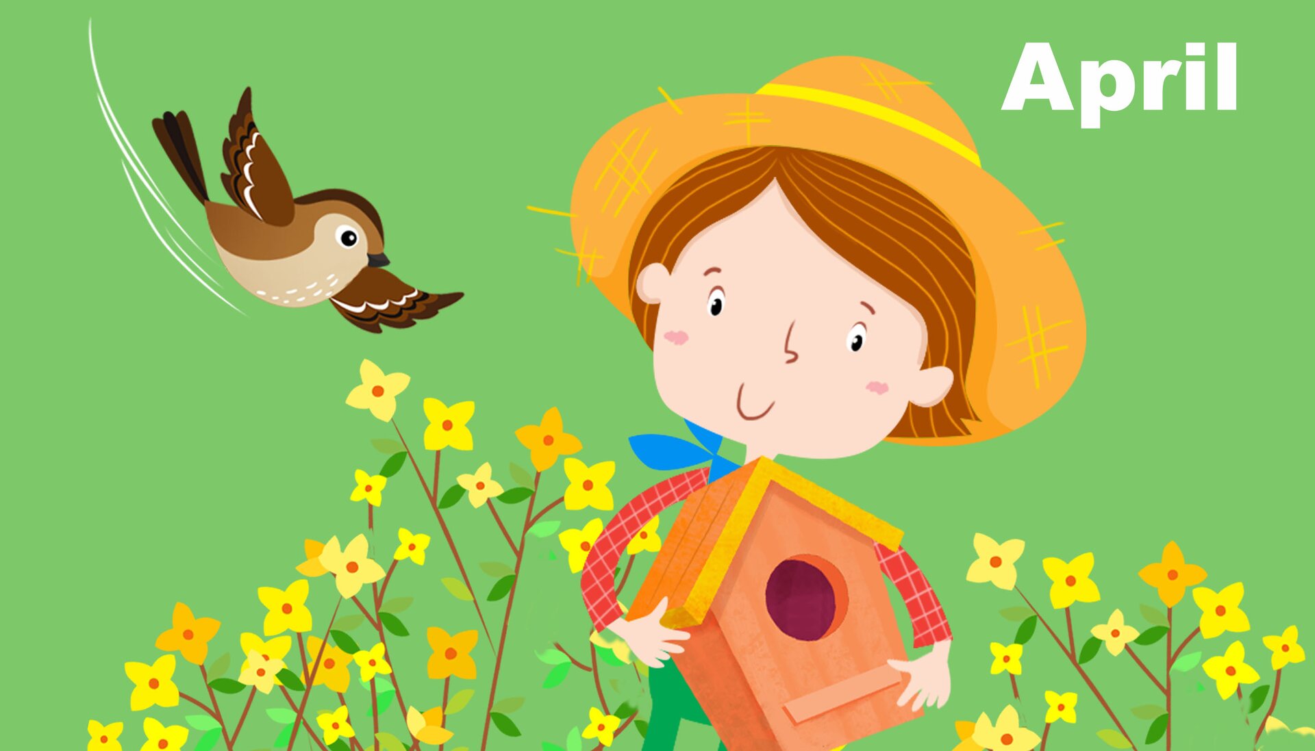 Na ilustracji znajduje się dziecko z karmnikiem dla ptaków.