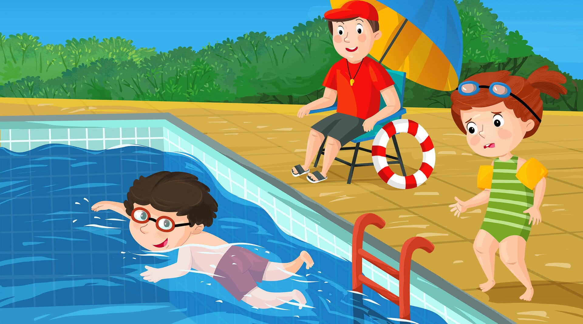 Ilustracja przedstawia odkryty basen. Obok torów do pływania siedzi ratownik. W basenie pływa chłopiec. Dziewczynka stoi przed barierką.