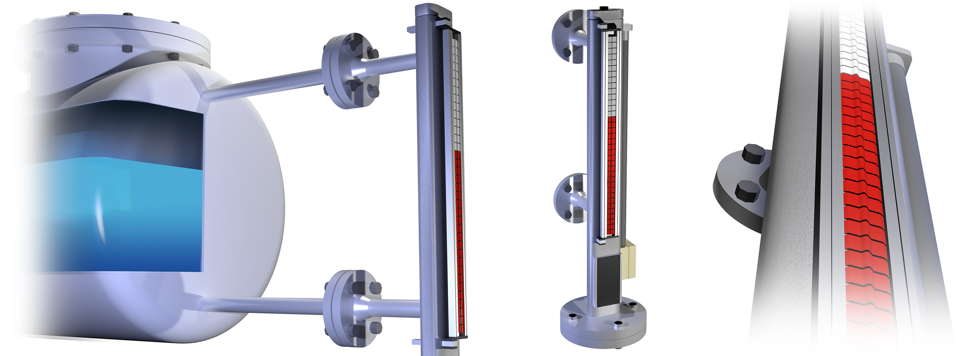 Na zdjęciu przedstawiono trzy różne ujęcia poziomowskazu magnetycznego . Poziomowskaz magnetyczny jest to urządzenie wykorzystywane do pomiaru poziomu cieczy w różnego rodzaju instalacjach.Na zdjęciu z lewej widoczny jest stalowy zbiornik o kształcie walca. Lewa cześć zbiornika zaprezentowana jest w przekroju. Niebieska ciecz widoczna w przekroju wypełnia zbiornik do trzech czwartych wysokości. Po prawej stronie zbiornika widać odchodzące dwa przyłącza kołnierzowe. Przyłącza odchodzą z górnej części zbiornika znajdującej się ponad poziomem cieczy oraz z dolnej części zbiornika. Przyłącza dochodzą do poziomowskazu. Poziomowskaz jest przedstawiony jako pionowy stalowy element o kształcie podłużnego cylindra. Centralnym elementem poziomowskazu są czerwone i białe rolki. Czerwony kolor wskazuje poziom cieczy. Czerwone rolki na poziomowskazie znajdują się do trzech czwartych wysokości. Pozostałe rolki są w kolorze białym.Na środkowym zdjęciu widoczny jest poziomowskaz widziany pod kątem. Poziomowskaz jest przedstawiony jako pionowy stalowy element o kształcie podłużnego cylindra. Centralnym elementem poziomowskazu są czerwone i białe rolki. Czerwony kolor wskazuje poziom cieczy. Czerwone rolki na poziomowskazie znajdują się do trzech czwartych wysokości. Pozostałe rolki są w kolorze białym. Podstawę poziomowskazu stanowi stalowy element o kształcie krótkiego cylindra. Wokół poziomowskazu na podstawie rozmieszczone są na planie kwadratu cztery śruby.Na zdjęciu z prawej widoczny jest fragment poziomowskazu widziany od przodu. Centralnym elementem poziomowskazu są czerwone i białe rolki znajdujące się pomiędzy stalową obudową. Czerwony kolor rolek pokazuje poziom cieczy.