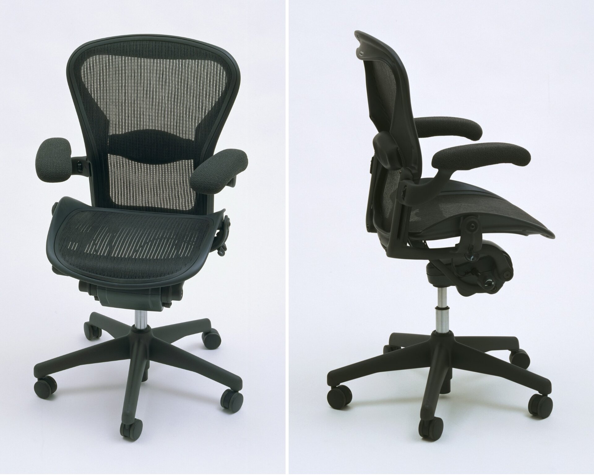 Praca Donalda T. Chadwicka i Williama Stumpfa pod tytułem Krzesło biurowe „Aeron Office Chair”. Na fotografii został umieszczony fotel biurowy, zbudowany z konstrukcji opartej na pięciu nogach, do których przymocowano pałąk wraz z siedziskiem i oparciem. Siedzisko jak i oparcie wykonane zostały z wentylowanego materiału. Zdjęcie przedstawia dwa rzuty na fotel – od frontu i od boku. Mebel jest czarny, jedynie część jego podstawy jest w srebrnym, metalicznym odcieniu. 