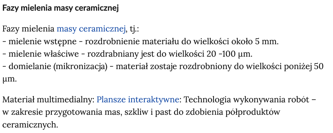 Ilustracja przedstawia definicję ze słownika lekcji, hasło Fazy mielenia masy ceramicznej.