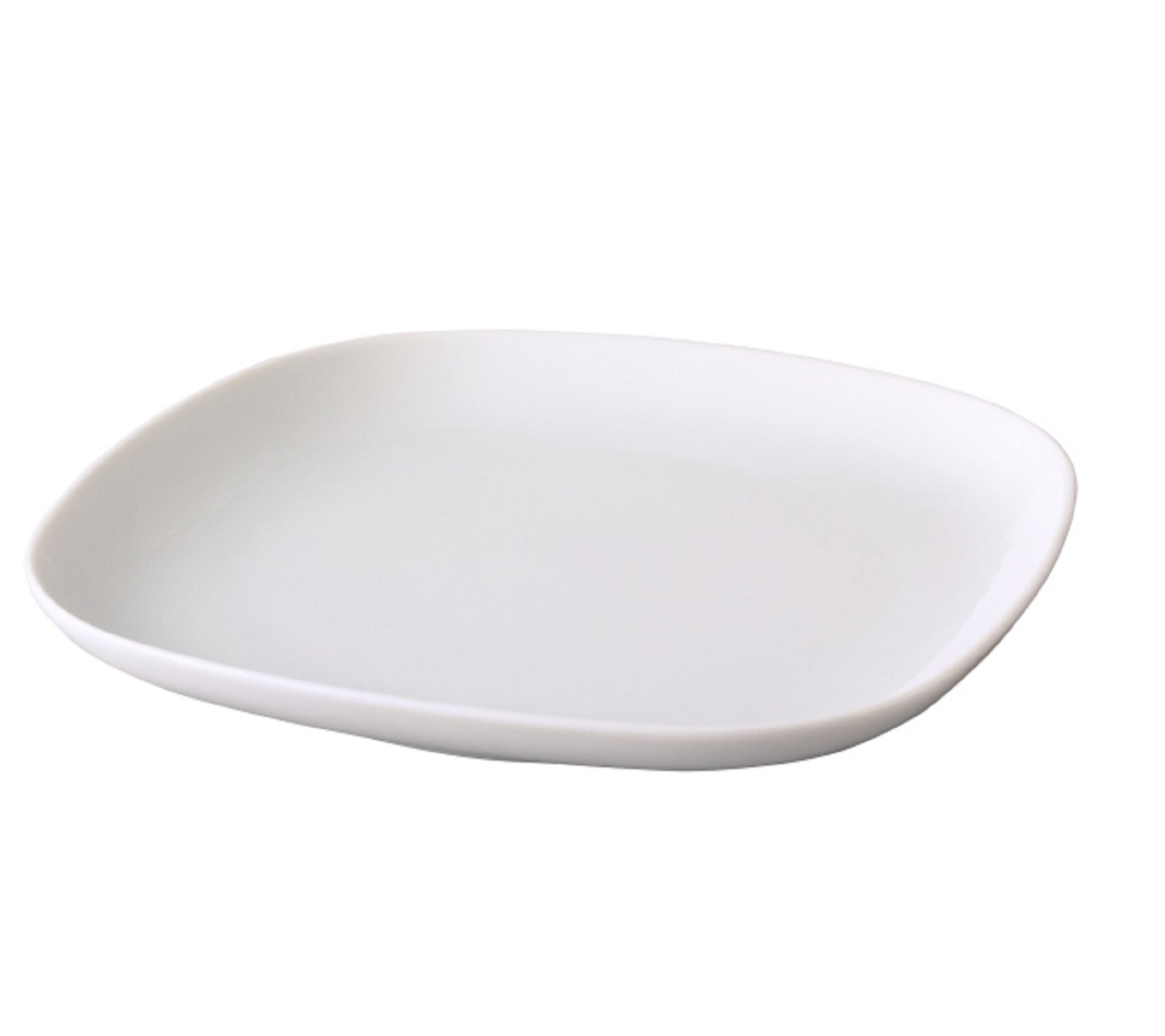 Ilustracja przedstawia biały, ceramiczny talerzyk w kształcie kwadratu o zaokrąglonych rogach.