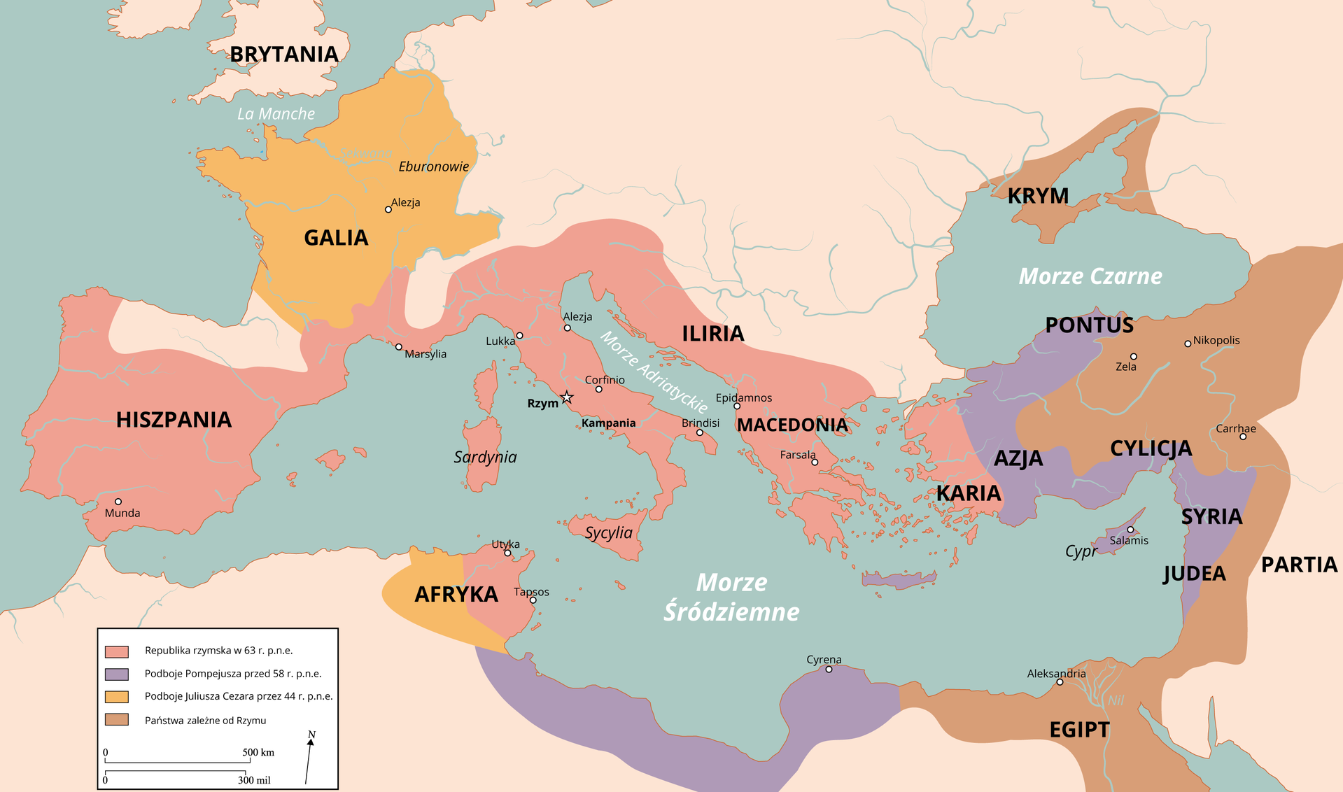 Ilustracja przedstawia mapę Europy z zaznaczonym terytorium Imperium Rzymskiego. Obejmuje ono wszystkie kraje w basenie Morza Śródziemnego oraz Galię i Brytanię. Kolorami zróżnicowano daty podbojów tych terenów. Republika rzymska w 63 roku przed naszą erą obejmowała Półwysep Iberyjski z miastem Munda (oprócz wąskiego, poziomego pasa na północy), teren dzisiejszych Włoch, Sardynię, Sycylię wraz z mniejszymi wysepkami, współczesną Grecję (nazywaną Macedonią) i wyspy Peloponezu, zachodnie wybrzeże Morza Adriatyckiego (Iliria) oraz cypelek na północno‑wschodnim wybrzeżu Afryki (miasta: Utyka i Tapsos) i wschodnie wybrzeże współczesnej Turcji (na mapie nazwa: Karia). Podboje Pompejusza przed 58 rokiem przed naszą erą to pas ziemi na północnym wybrzeżu Afryki z miastem Cyrena (współczesna Libia), Kreta, środkowa i południowa część współczesnej Turcji (Azja), północna Turcja (Pontus), państwa Bliskiego Wschodu na wschodni wybrzeżu Morza Śródziemnego (Syria, Judea) oraz Cypr z miastem Salamis. Podboje Juliusza Cezara przed 44 rokiem przed naszą erą to pas na granicy współczesnej Tunezji i Algierii oraz teren współczesnej Francji, Belgii, Szwajcarii (Galia). Państwa zależne od Rzymu to Egipt (u ujścia Nilu), wschodnia część Turcji - Cylicja oraz tereny wokół Morza Azowskiego z miastem Krym.