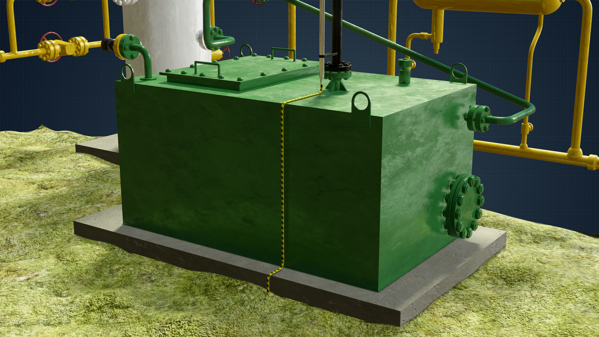 Na rysunku znajduje się animowany model fragmentu układu znajdującego się za głowicą eksploatacyjną odwiertu samoczynnego. Głowica eksploatacyjna to urządzenie montowane na powierzchni terenu przy wylocie odwiertu, w celu jego zamknięcia. Przedstawione urządzenia są wykonane ze stali. Na pierwszym planie widać skrzynię płynu złożowego która jest w kolorze zielonym. Na górze skrzyni znajduje się fragment pionowej czarnej rury. Na boku skrzyni znajdującym się bliżej ekranu umiejscowiona jest rura kolanko. Rura zakończona jest połączeniem kołnierzowym za którym zamontowana jest czarna walcowata wypustka. Jest to połączenie szybkozłączne typu Camlock, które wykorzystywane jest do zatankowania cysterny. Z prawej strony za skrzynią widać fragment głowicy eksploatacyjnej. Z lewej strony, za skrzynią, znajduje się dawkownik od którego biegną pionowo w dół dwie rury. Dawkownik jest to stalowe urządzenie w kształcie zaokrąglonego na końcu walca. Dawkownik wykorzystywany jest w celu chwilowego zapobieżenia powstania hydratów czyli nietrwałych związków wody w postaci ciekłej z gazem w formie korków. Dlatego na drodze pomiędzy odwiertem a separatorem. do strumienia gazu dawkowany jest metanol. Nad dawkownikiem znajduje się okrągły wskaźnik.