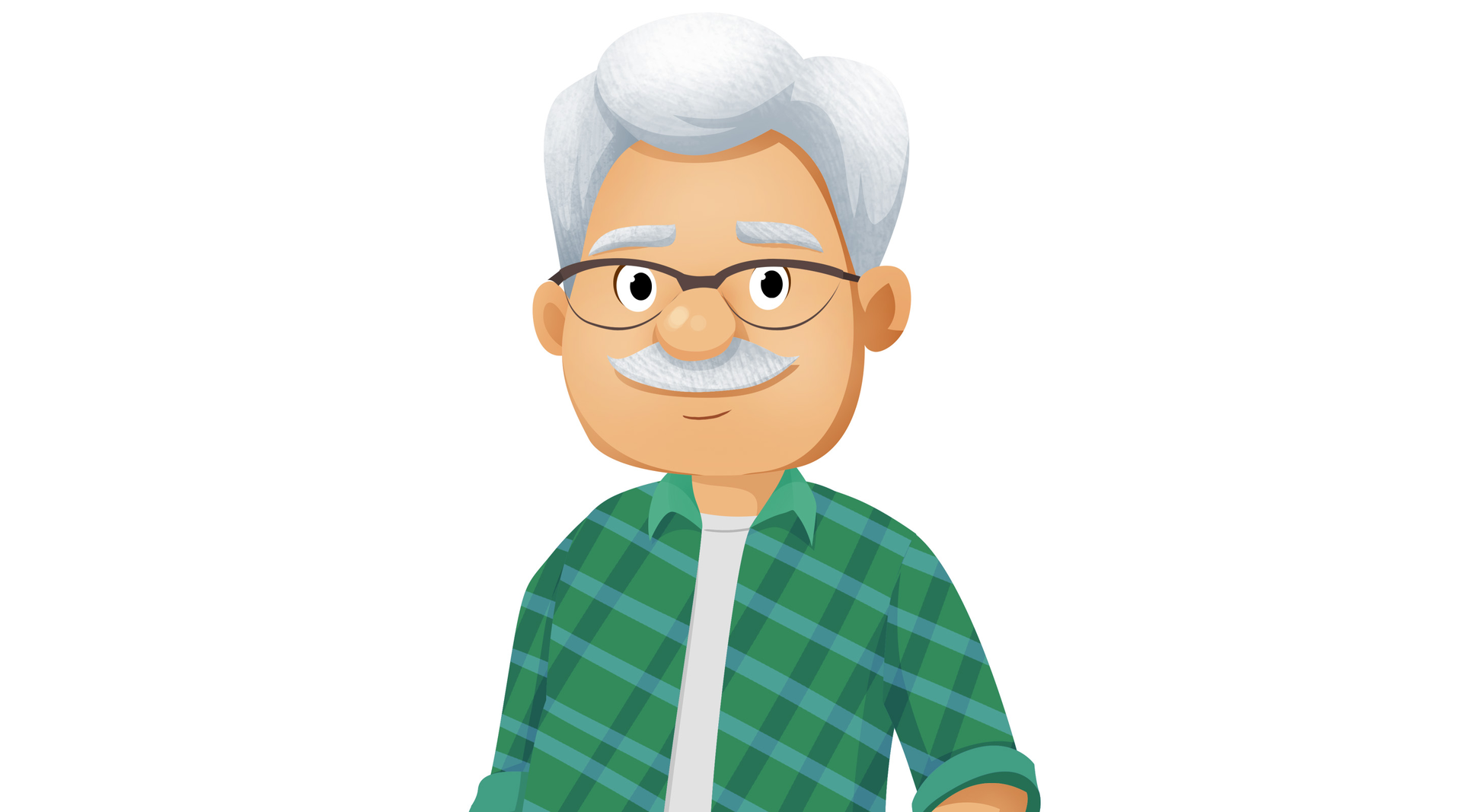 Ilustracja przedstawia uśmiechniętego dziadka w okularach i z wąsami.