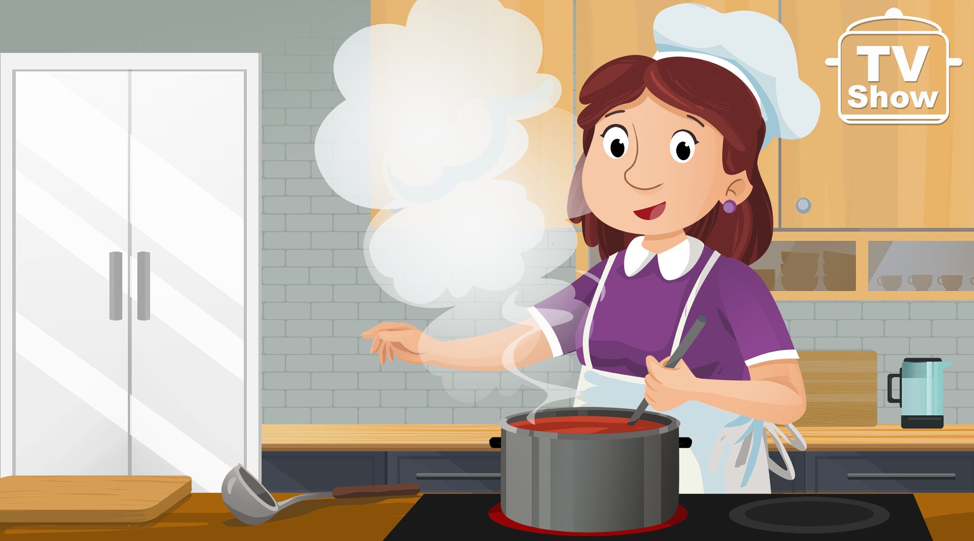 Ilustracja przedstawia kobietę w fartuchu i czapce kucharskiej. Stoi ona przy kuchence i miesza gotującą się zupę w garnku.