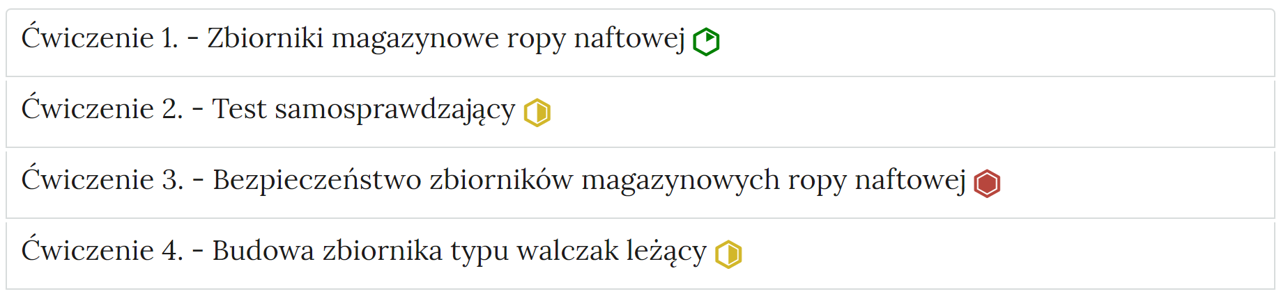 Zdjęcie przedstawia przykładowy wygląd zakładek zawierających interaktywne materiały sprawdzające. Składają się one z prostokątnych paneli umieszczonych jeden pod drugim. Każdy panel posiada numer oraz tytuł, który nawiązuje do zawartego w nim zadania.