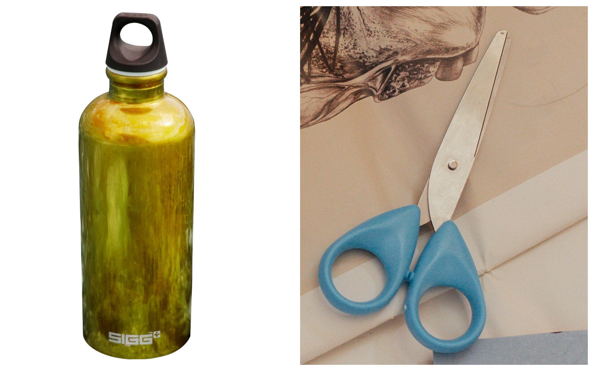 Ilustracja przedstawia żółtą butelkę na napoje oraz niebieskie nożyczki.